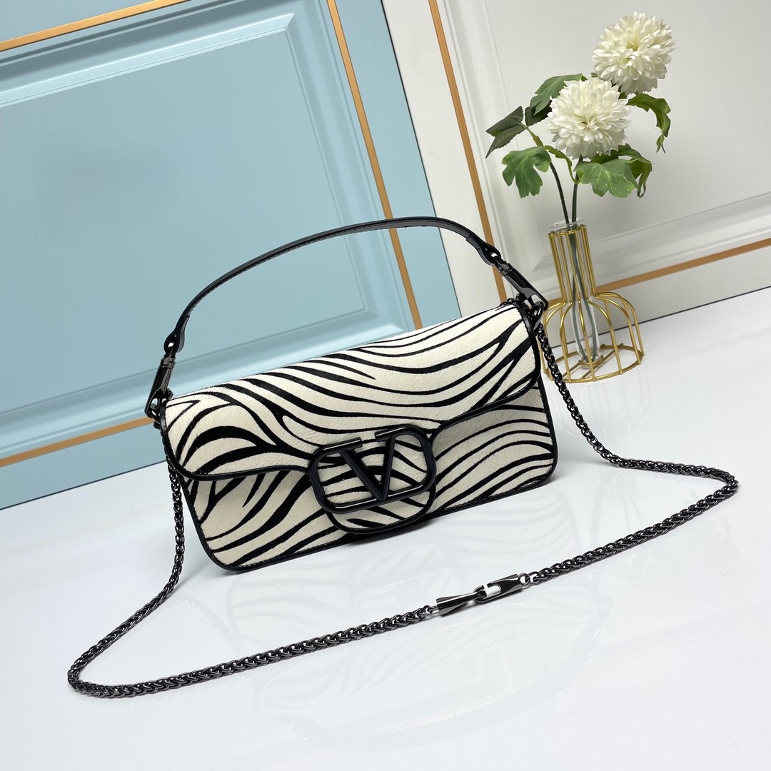 Valentino Locò Zebra Print Pony Effect Leather VLogo Signature Chain Baguette Shoulder Bag - KAIROO