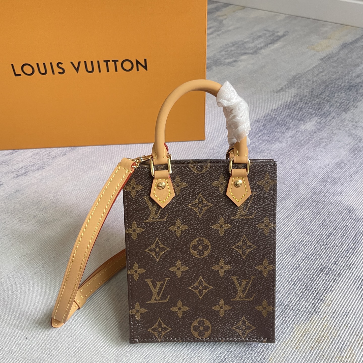 Louis Vuitton LV Petit Sac Plat Mini Brown Monogram Canvas Leather Vertical Crossbody Tote Bag - KAIROO