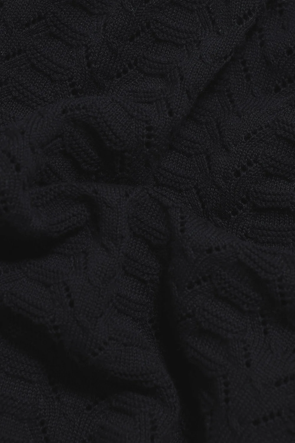 Pointelle Knitted Open Collar Polo Shirt in Black
