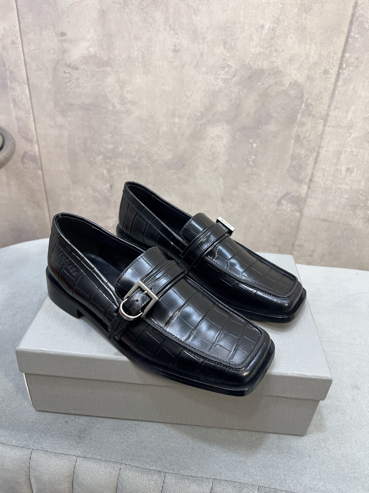 Balenciaga Black Croc-Effect Embossed Leather Metal Buckle Square Toe Loafers - KAIROO