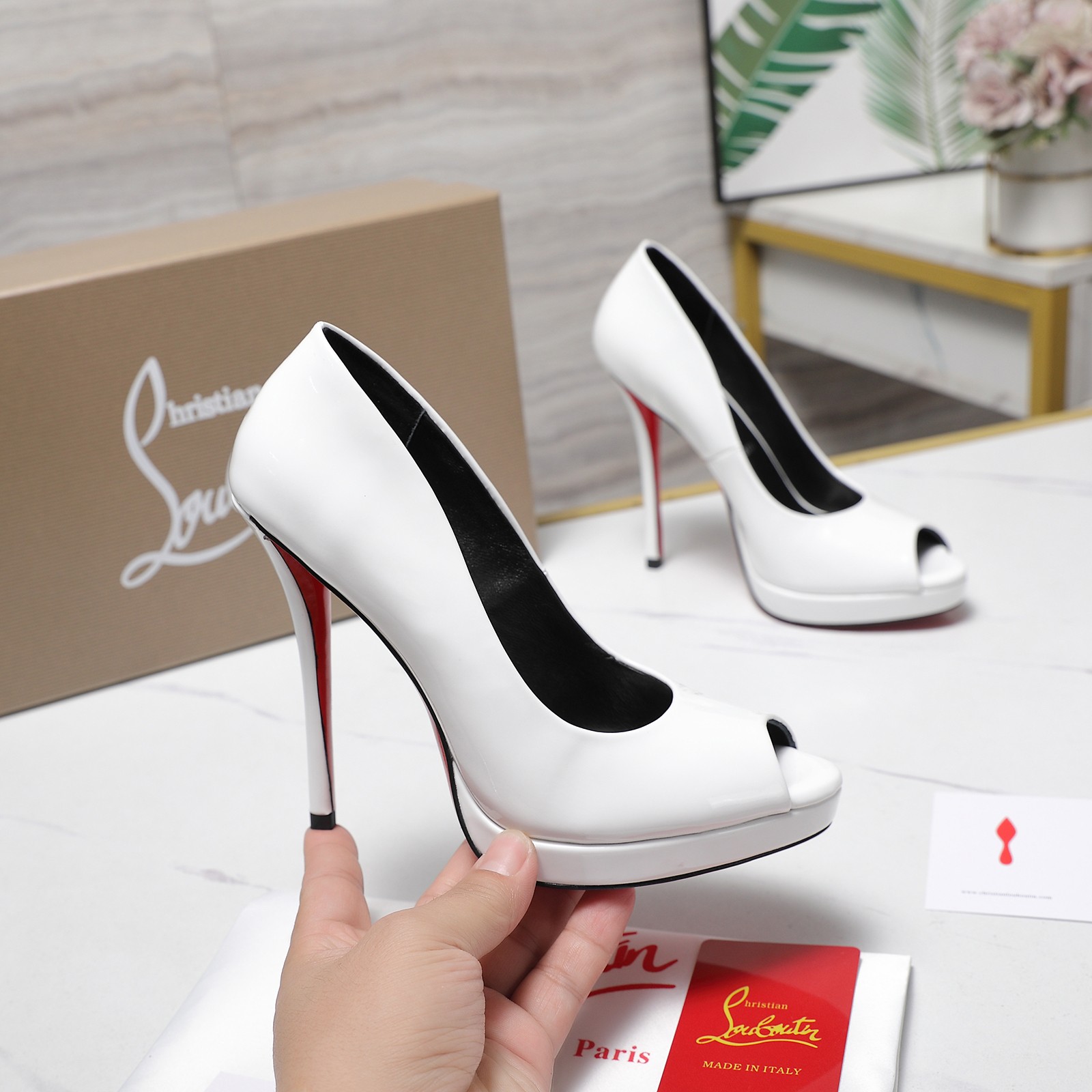 Christian Louboutin Shiny Calfskin Platform Pumps in White