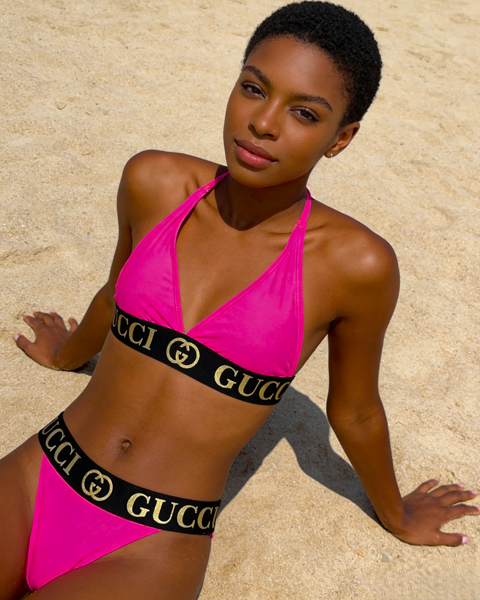 Gucci Neon Pink GG Big Logo Tape Triangle Bikini Two-Piece Swimwear - KAIROO