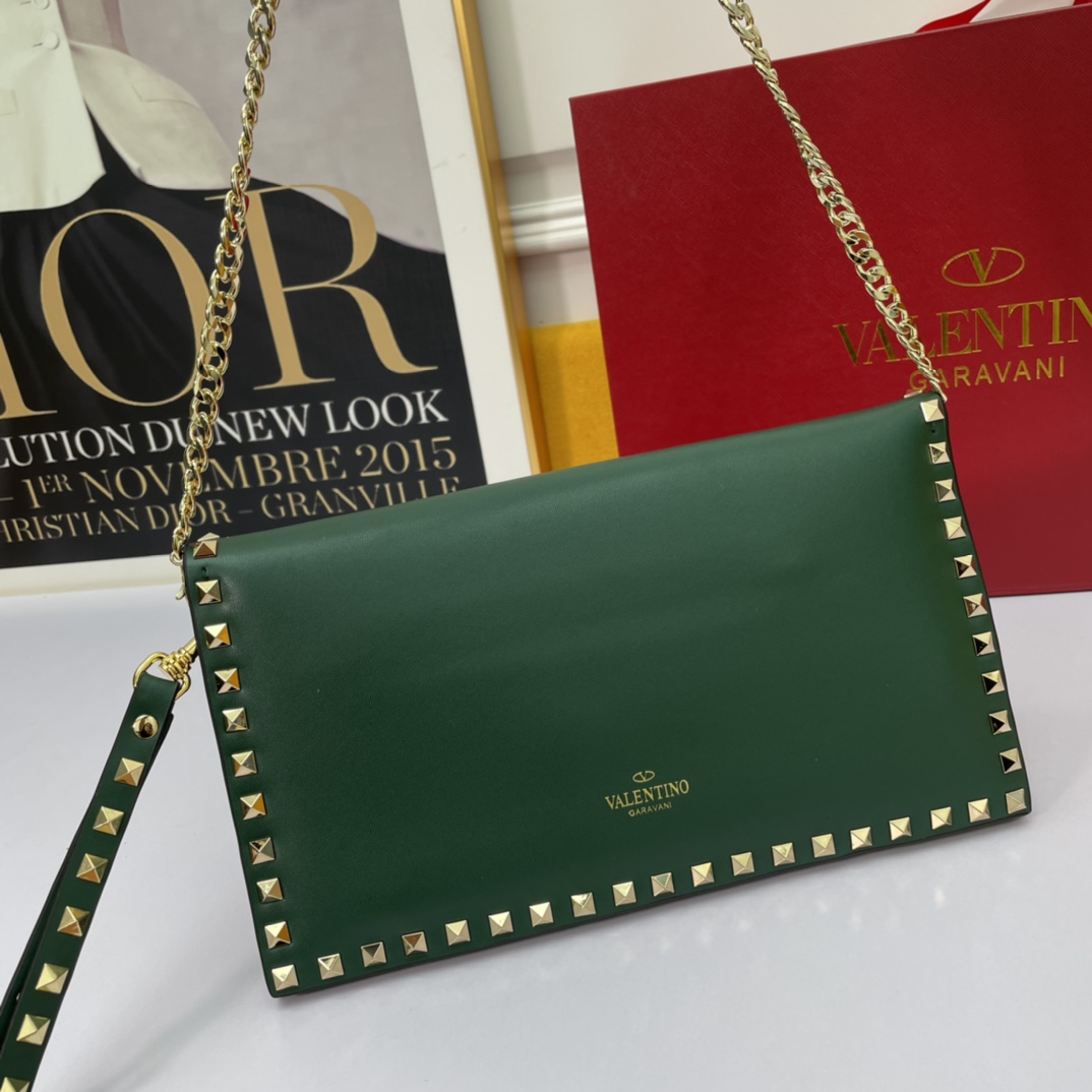 Valentino Rockstud Green Leather Studs Flap Wristlet Strap Clutch Chain Envelope Crossbody Bag - KAIROO