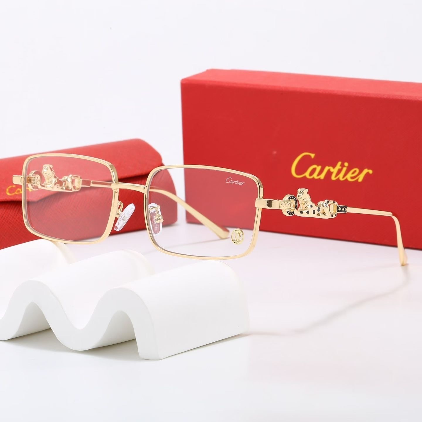 Cartier  Full-Body Panther Motif Metal Full-Rim Rectangular Sunglasses Top quality - KAIROO