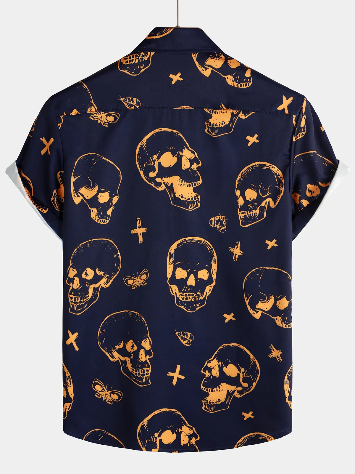 Men's Orange Skull Print Aloha Hawaiian Short Sleeve Shirt