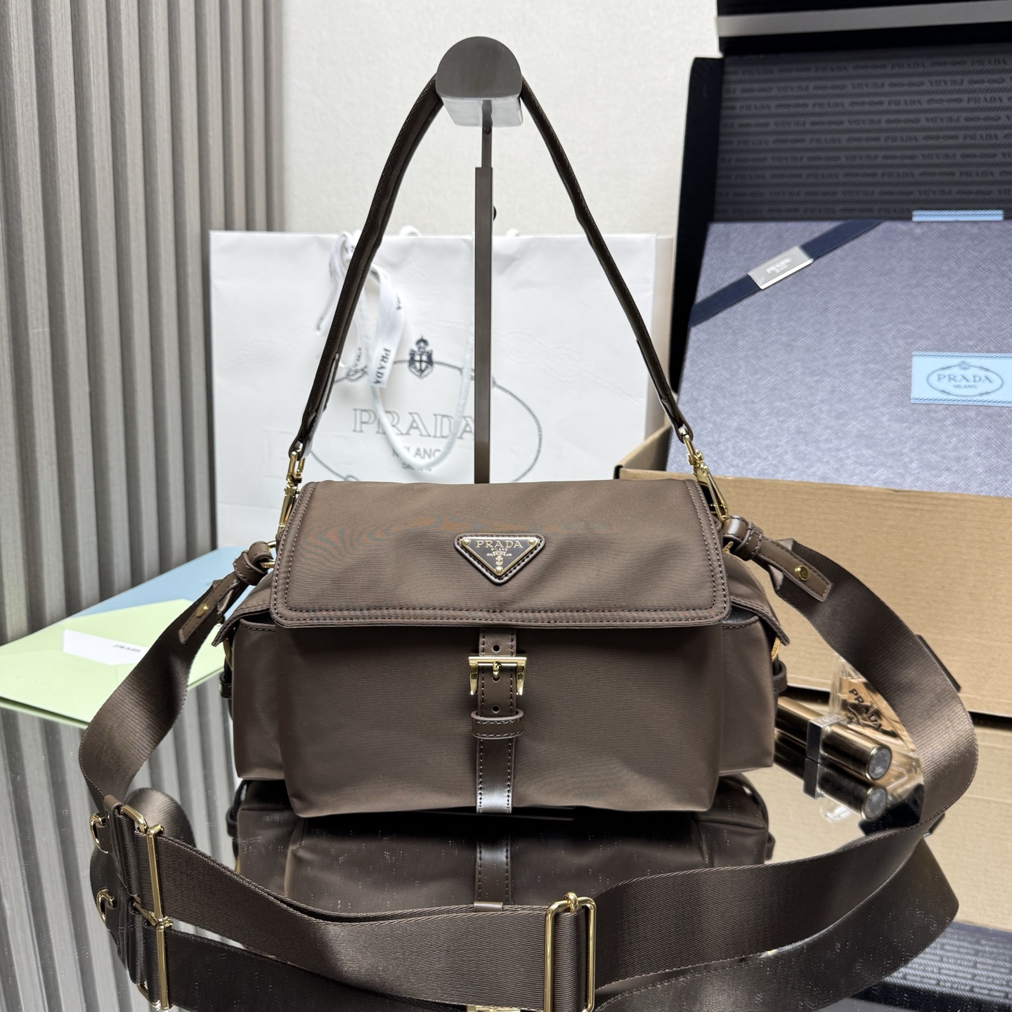 Prada Explore medium Re-Nylon shoulder bag with flap-Sienna 1BD394