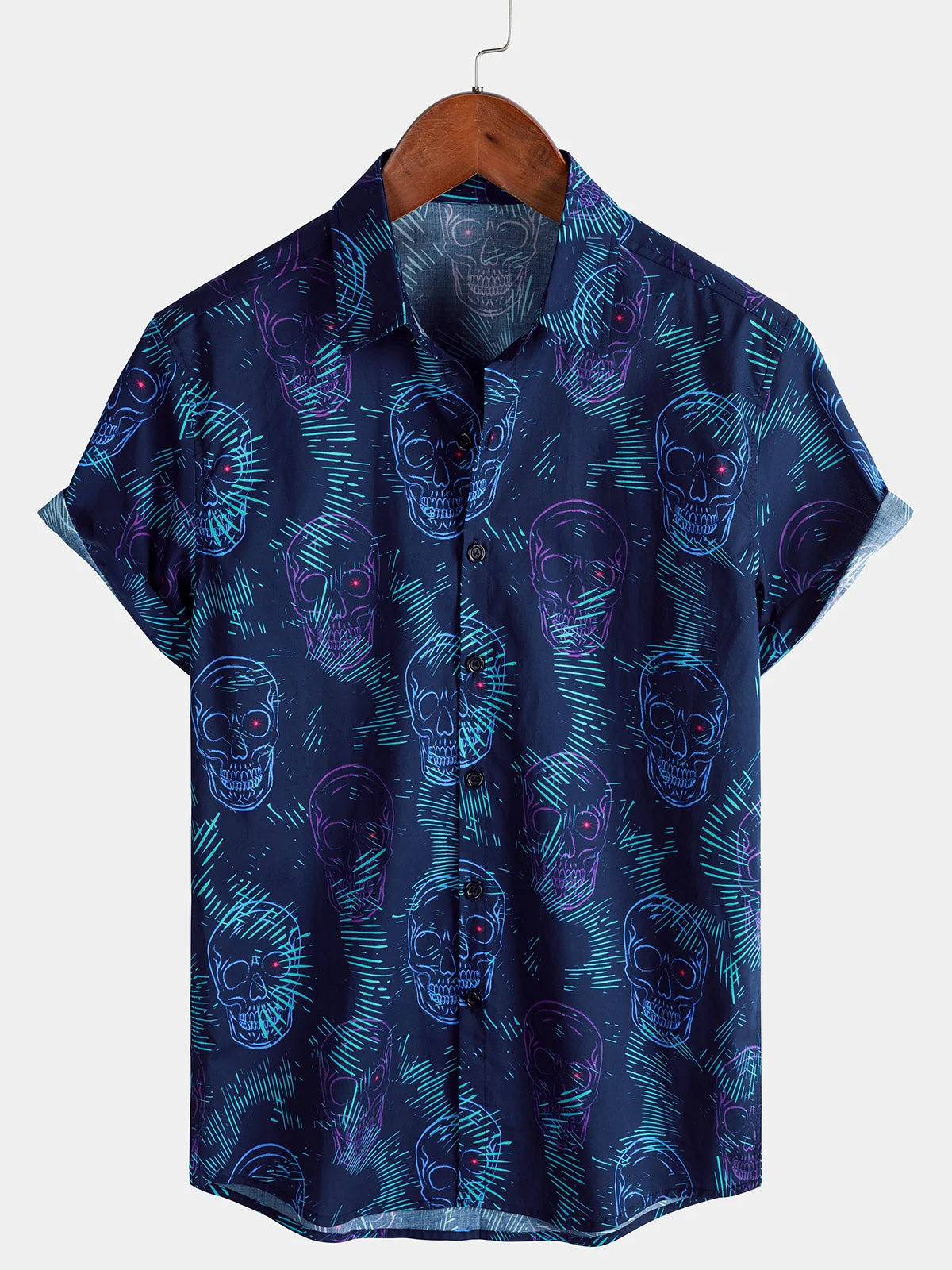Men's Blue Skull Punk Rock Hawaiian Short Sleeve Shirt