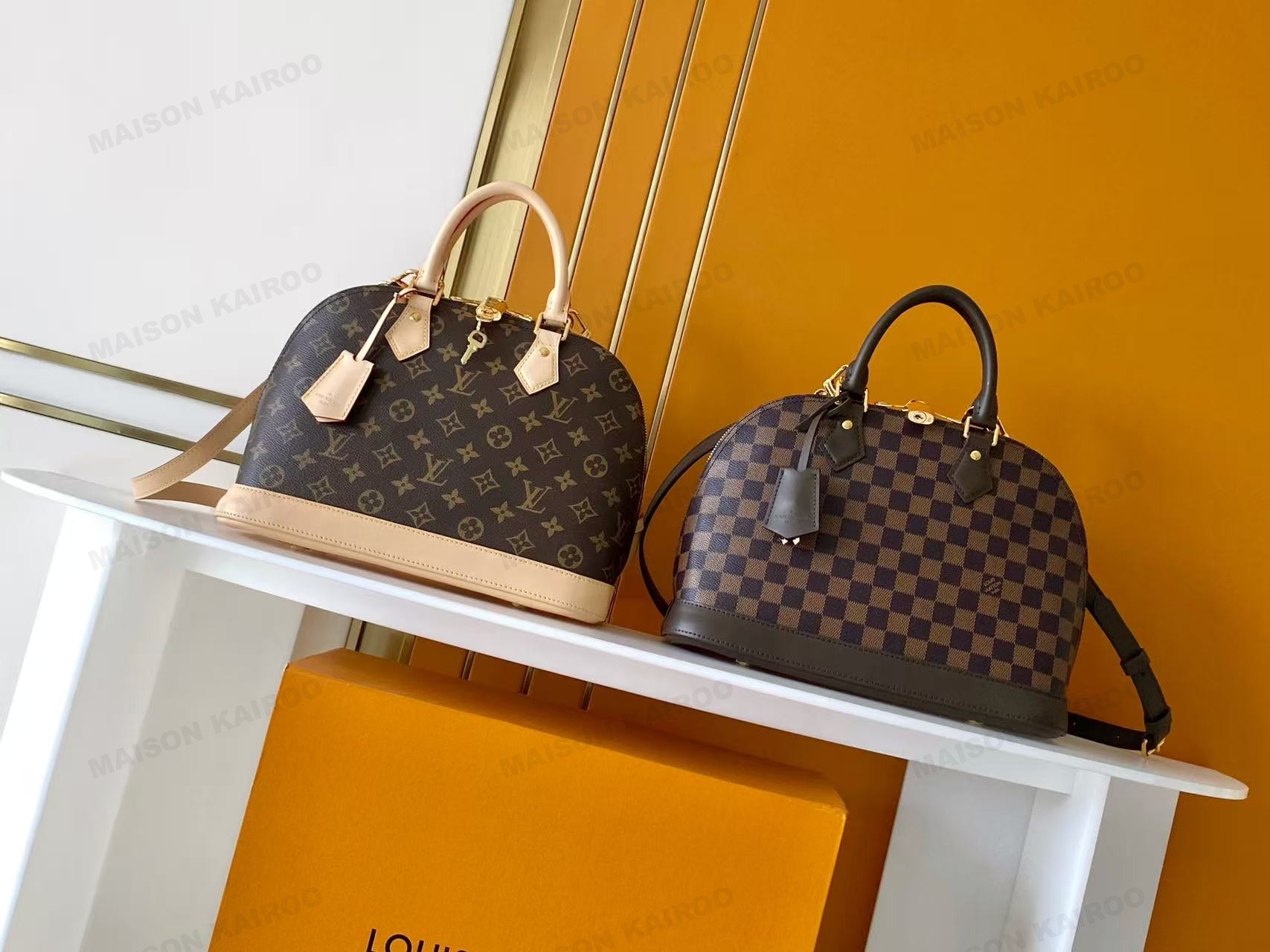 Louis Vuitton LV Alma BB&MM Damier Ebene & Monogram Canvas Leather Dome Handbag Shoulder Bag - KAIROO