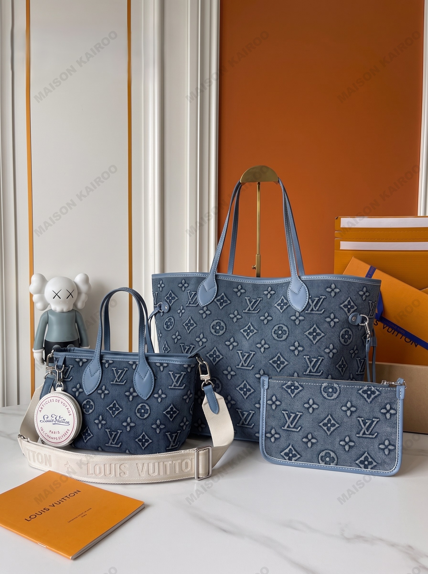 Louis Vuitton LV Neverfull BB&MM Blue Denim Raised Embossed Monogram Tote Bag With Pouch - KAIROO