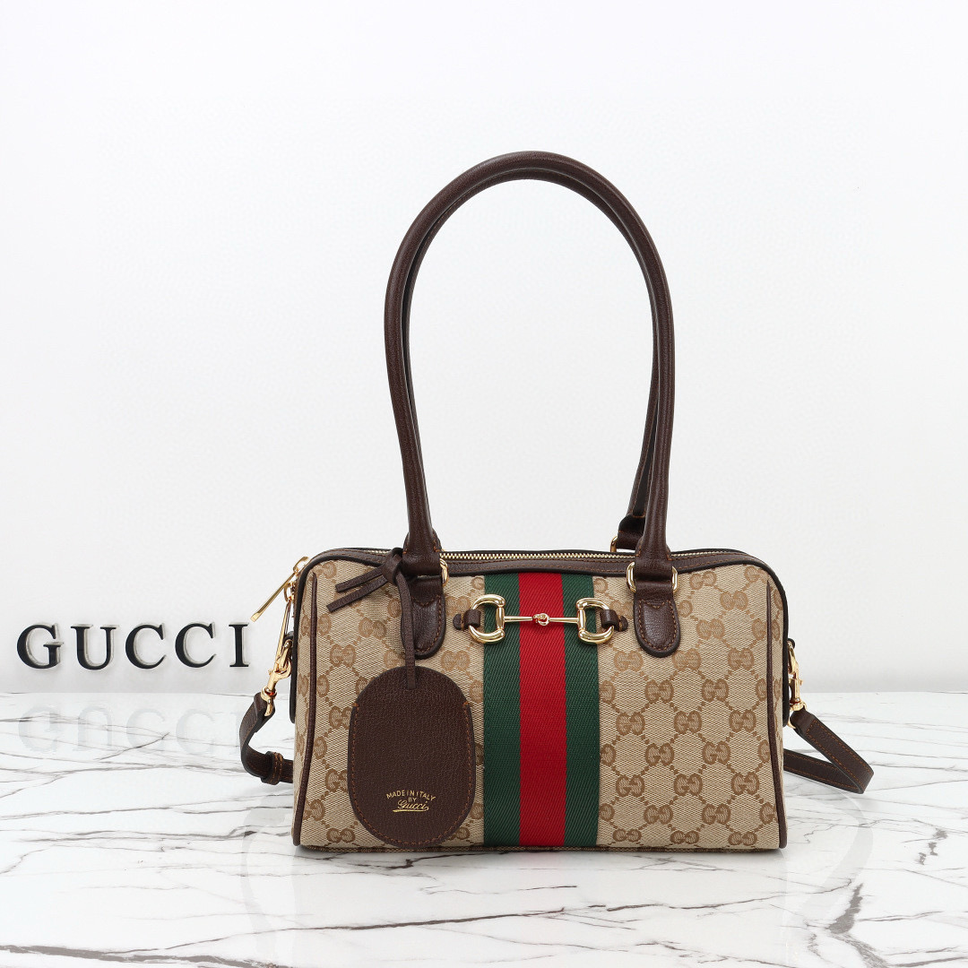 Gucci Borsetto Medium boston bag in Saand and dark brown GG canvas
