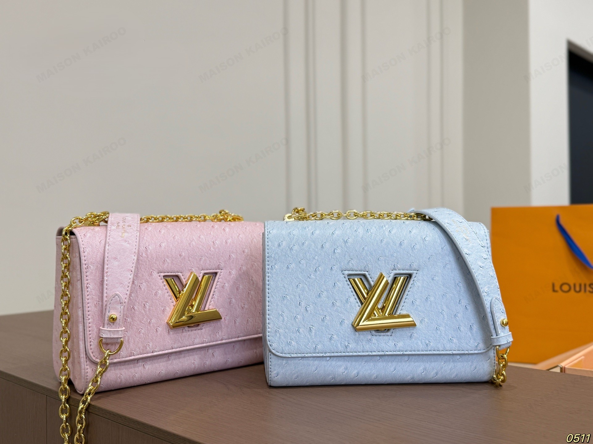 Louis Vuitton LV Twist Lock MM Pastel Ostrich Embossed Leather Gold Logo Chain Flap Shoulder Bag - KAIROO