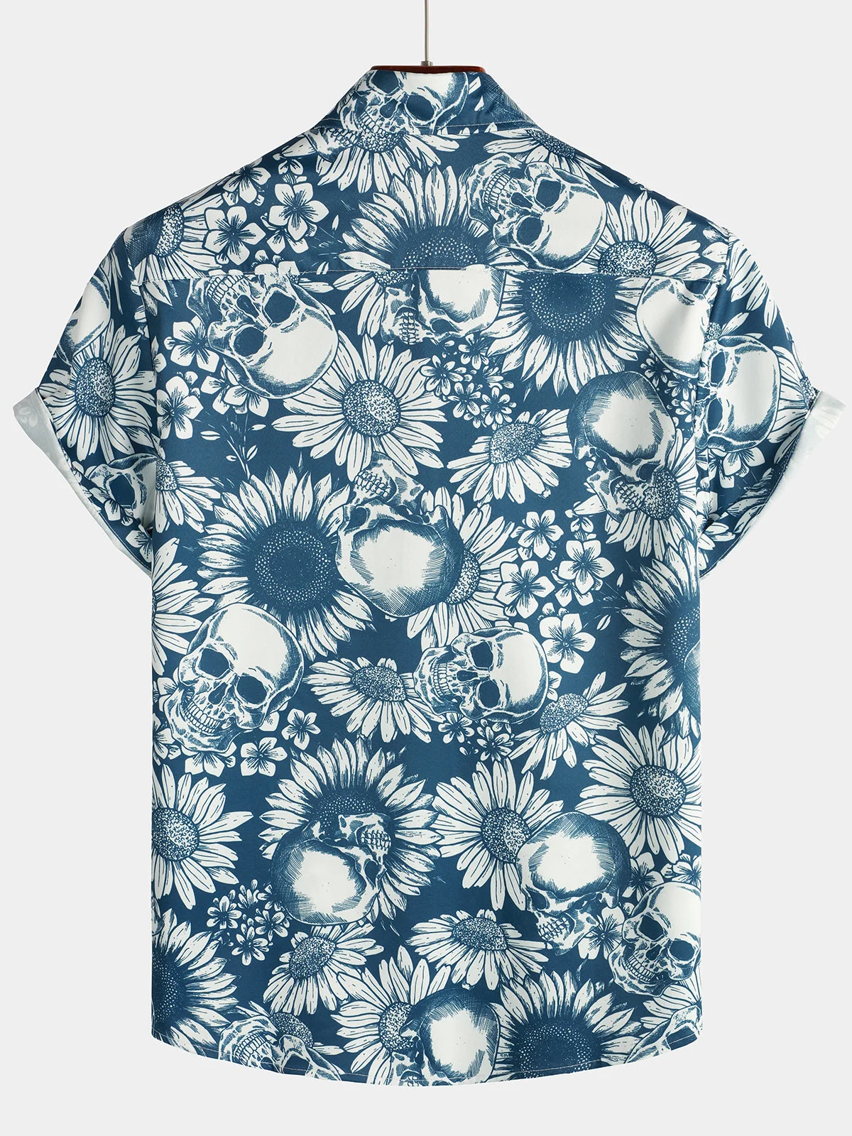 Men's Blue Skull Sunflower Rock and Roll Hawaiian Short Sleeve Shirt