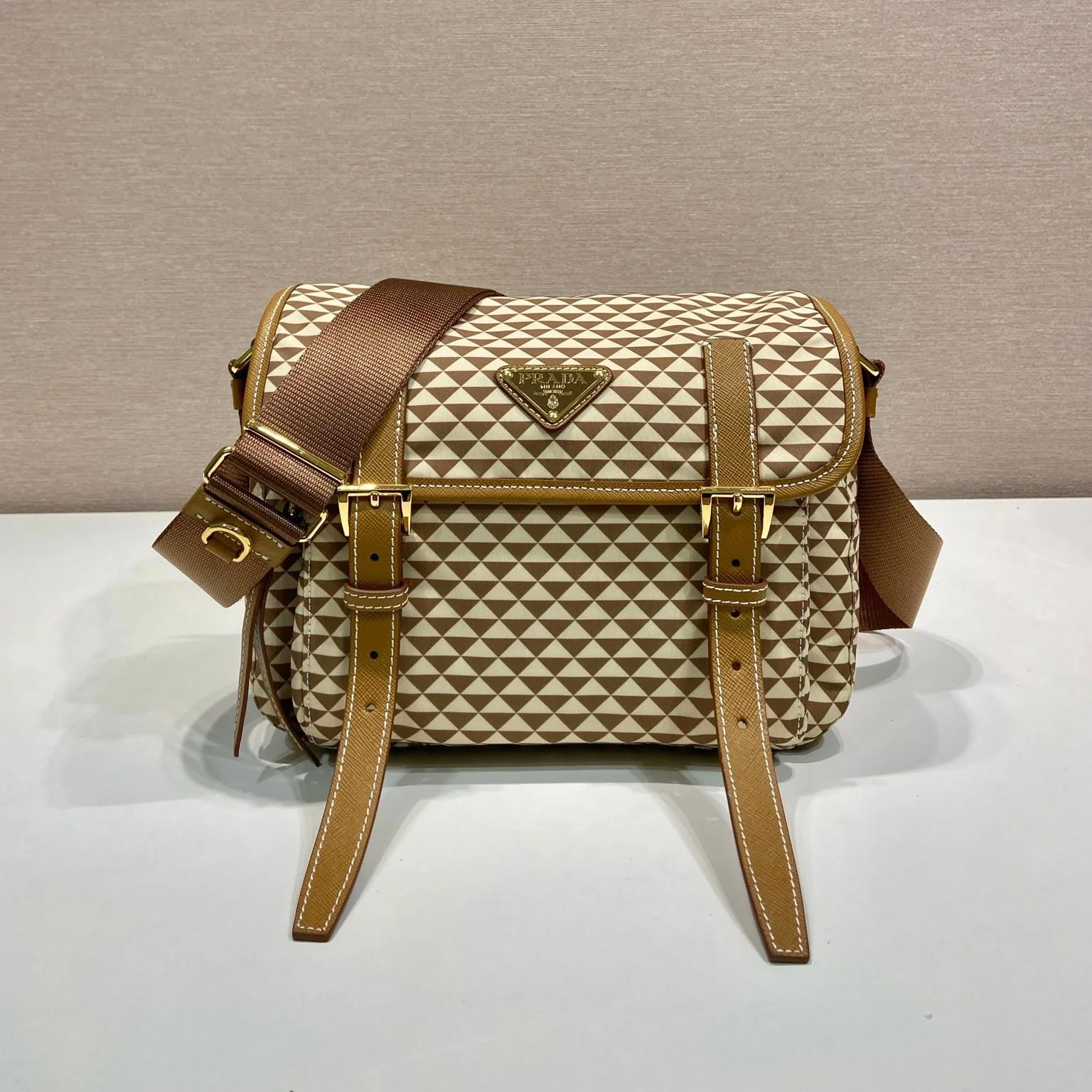Prada MESSENGER BAG 25 IN BROWN MIX CREAM TRIANGLE PATTERN EMBROIDERED FABRIC
