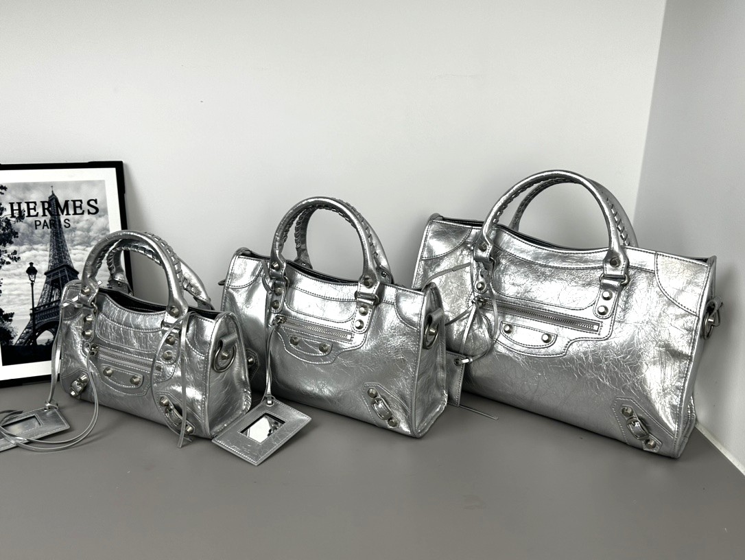 Balenciaga Le City Metallic Silver Soft Crinkled Leather Studded Mirror Charm Braided Handle Crossbody Bag - KAIROO