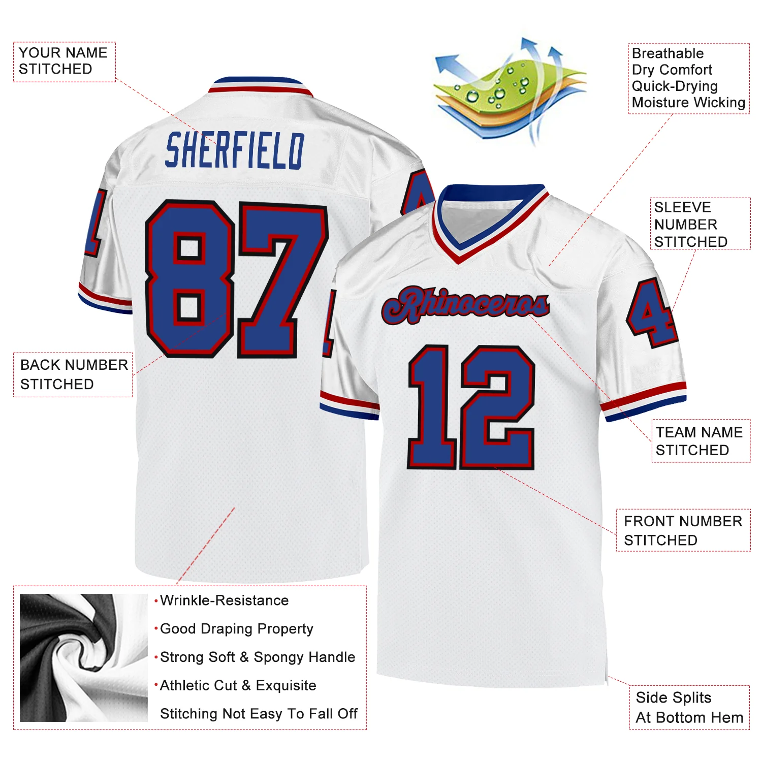 Custom White Royal-Red Mesh Authentic Throwback Football Jersey