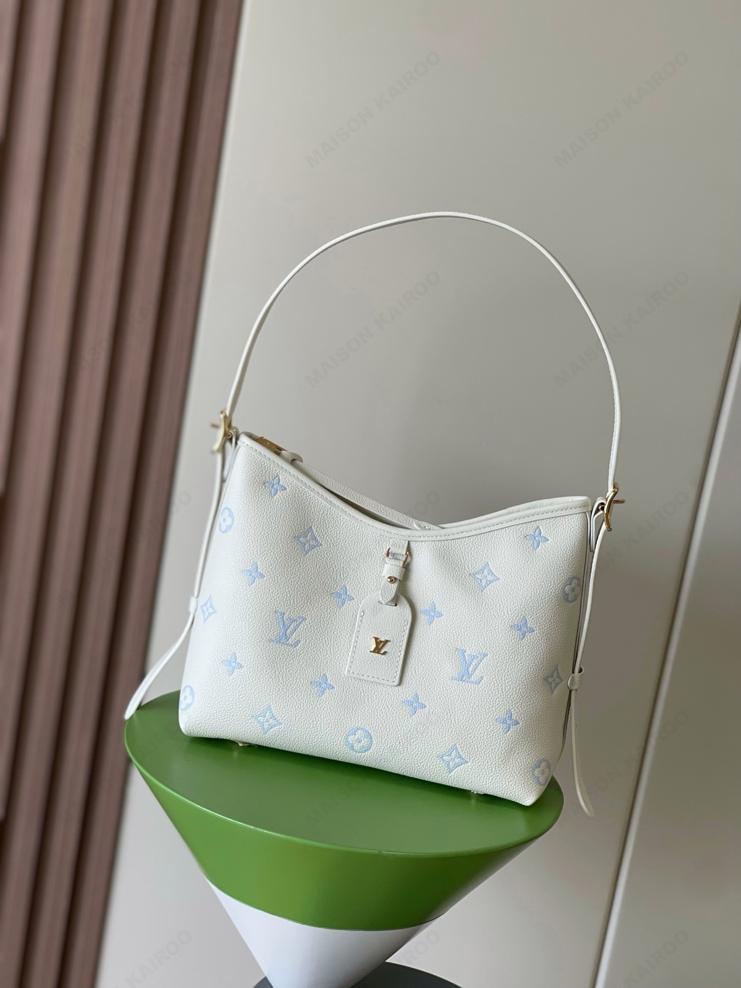 【10A】Louis Vuitton LV Carryall PM Cream Blue Dense Monogram Empreinte Leather Hobo Tote Shoulder Bag - KAIROO