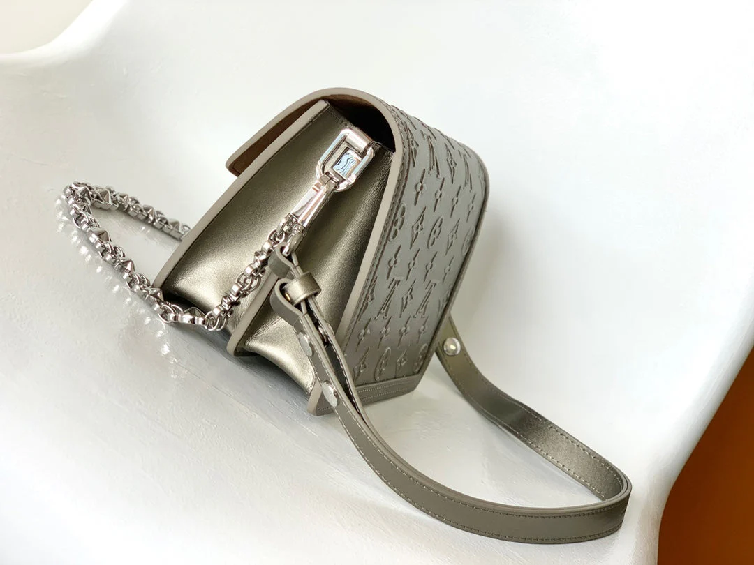 LV Dauphine Bag 20cm Metallic Sliver Monogram Embossed Cafskin