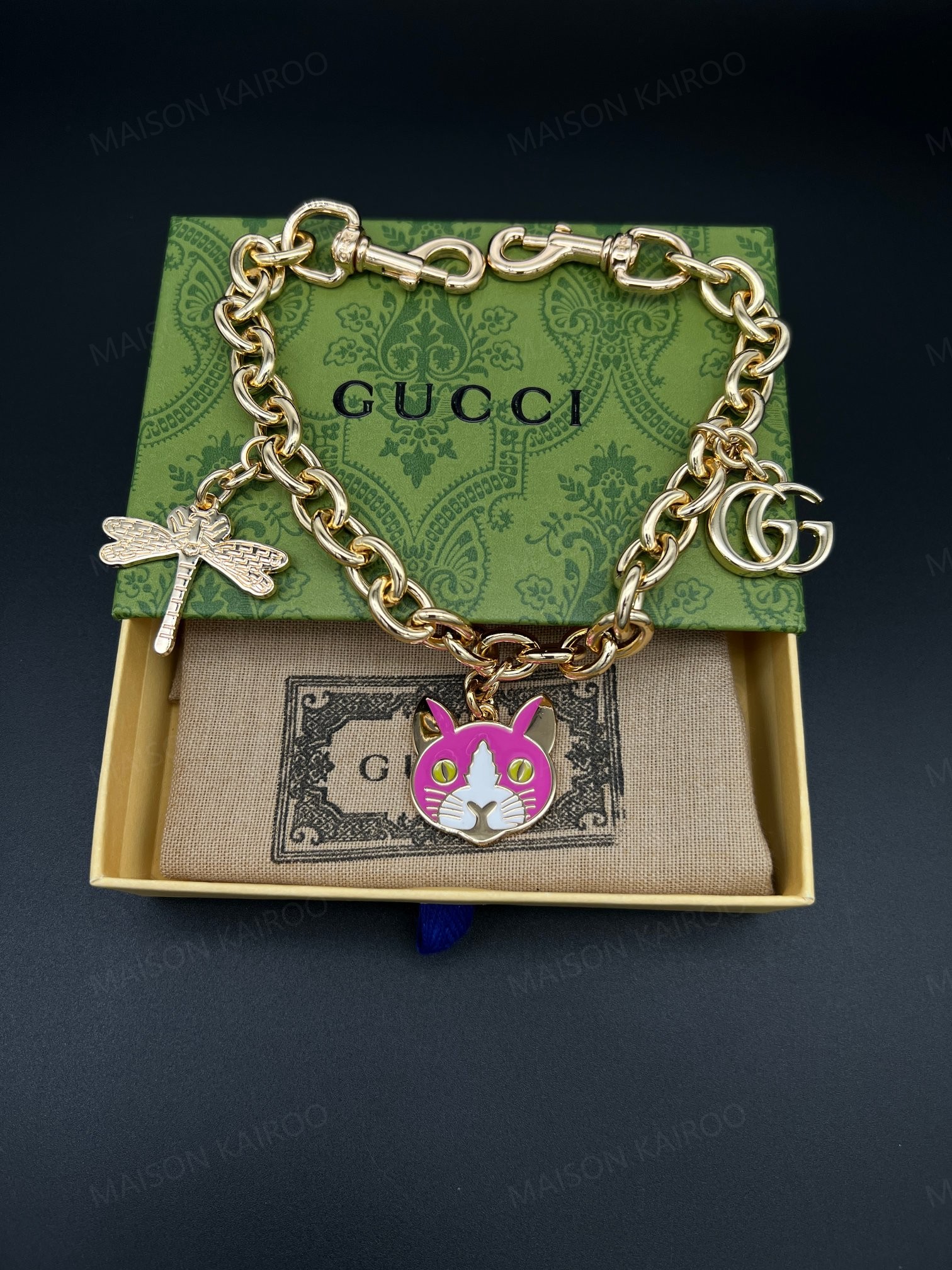 Gucci Pink Cat Enamel Chain Bag Charm Keychain - KAIROO