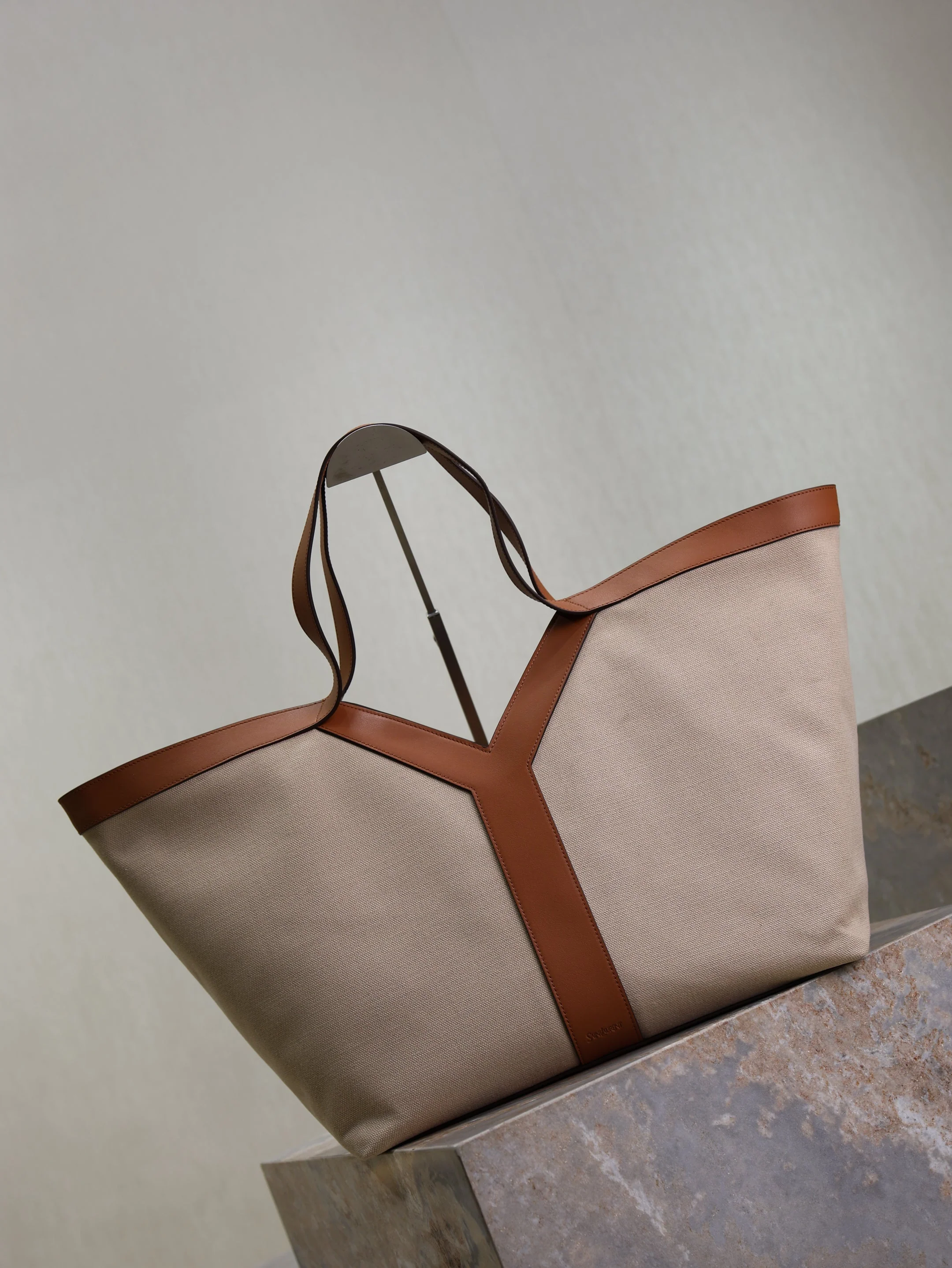 Saint Laurent YSL  Tote Bag Beige Brown Canvas Leather
