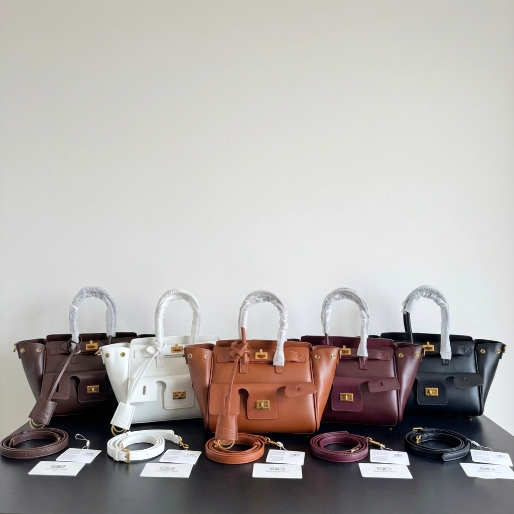 Balenciaga Bel Air Medium/Mini Smooth Leather Multi-Pocket Flared Side Panels Handle Tote Bag - KAIROO