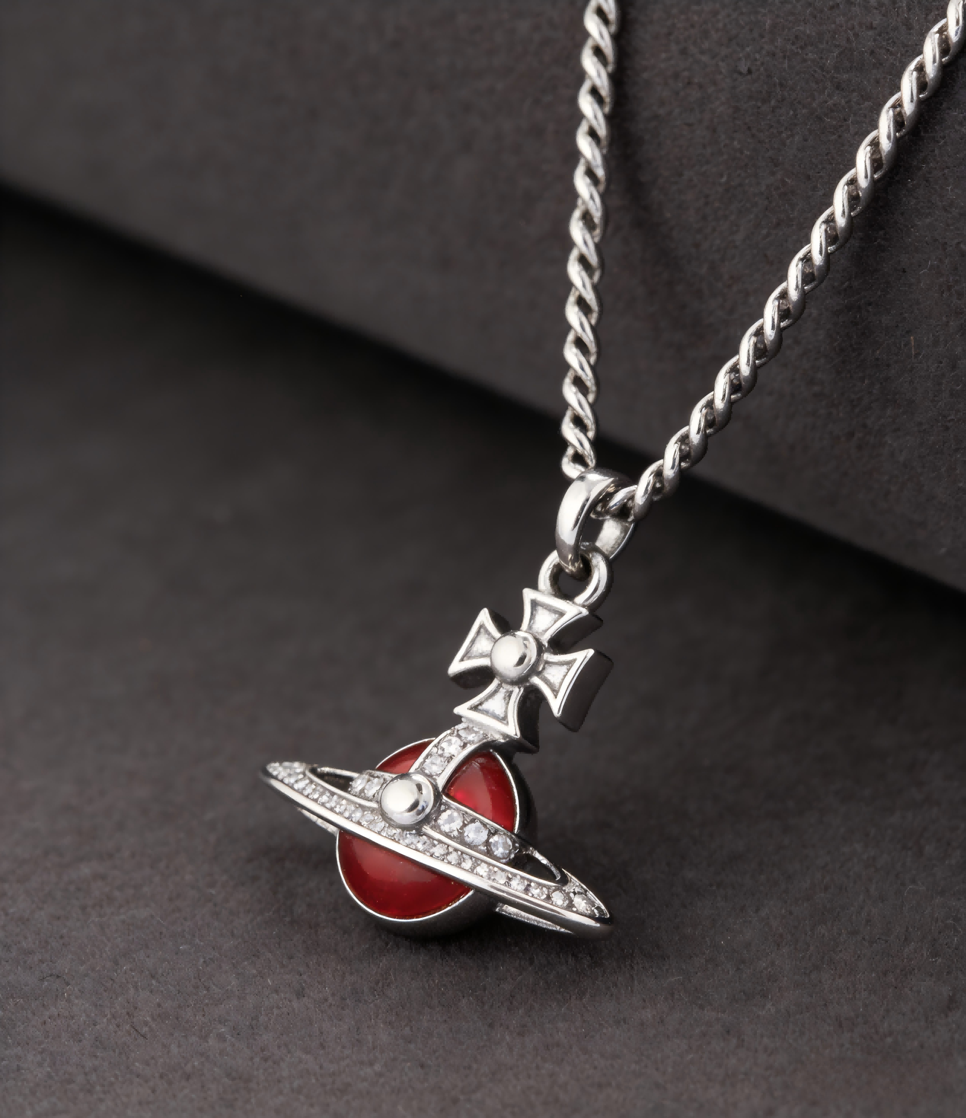 2026 New Vivienne Westwood Style Silver Red Crystal Saturn Pendant Necklace - Dainty Ruby Celestial Jewelry for Women