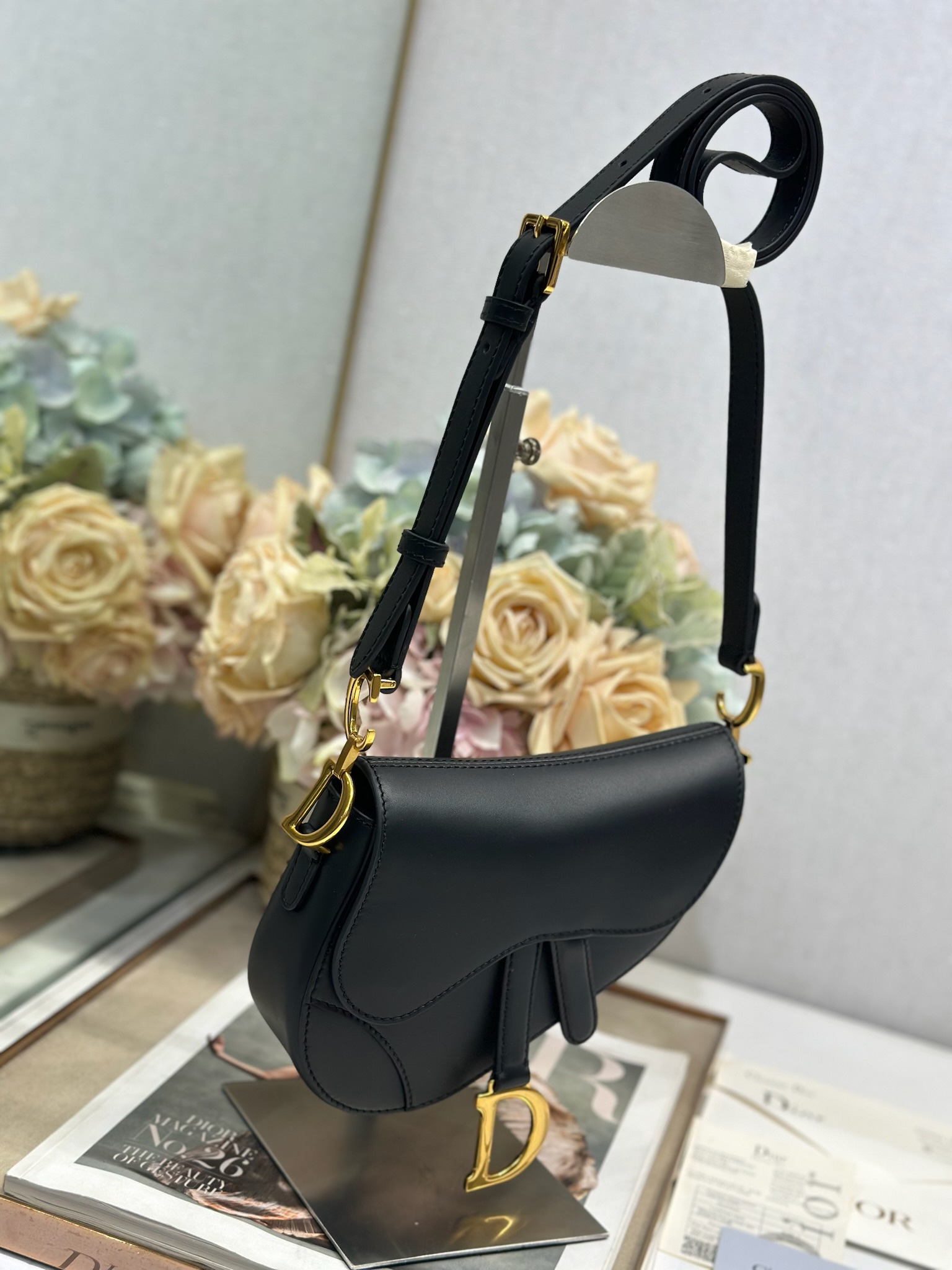 Dior Mini Soft Saddle Shoulder Bag in Black Smooth leather
