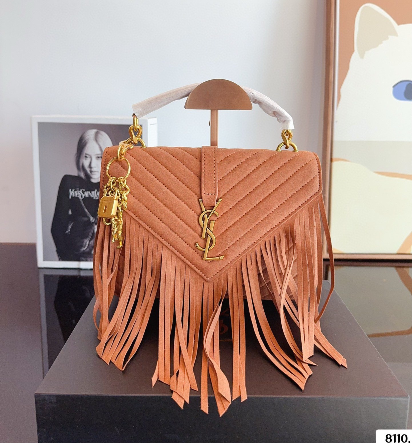 Saint Laurent Tan Fringe College Matelassé Suede Chevron Quilted YSL Logo Shoulder Top Handle Bag - KAIROO