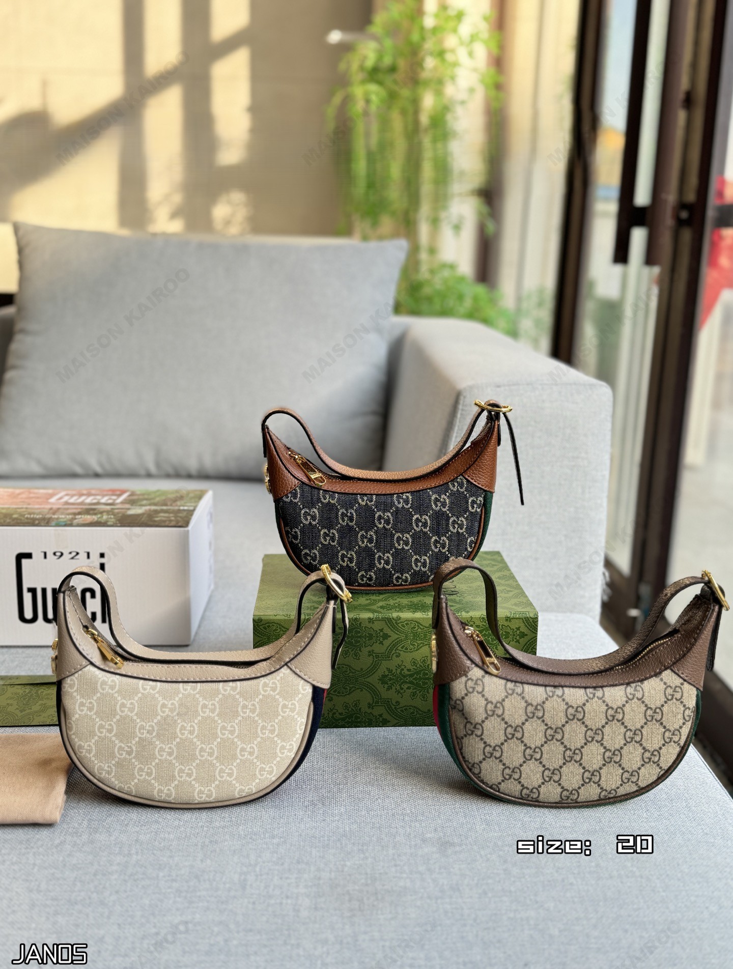 Gucci Ophidia Mini GG Supreme Canvas Bottom Web Stripe Jumbo Pea Moon Hobo Shoulder Bag - KAIROO