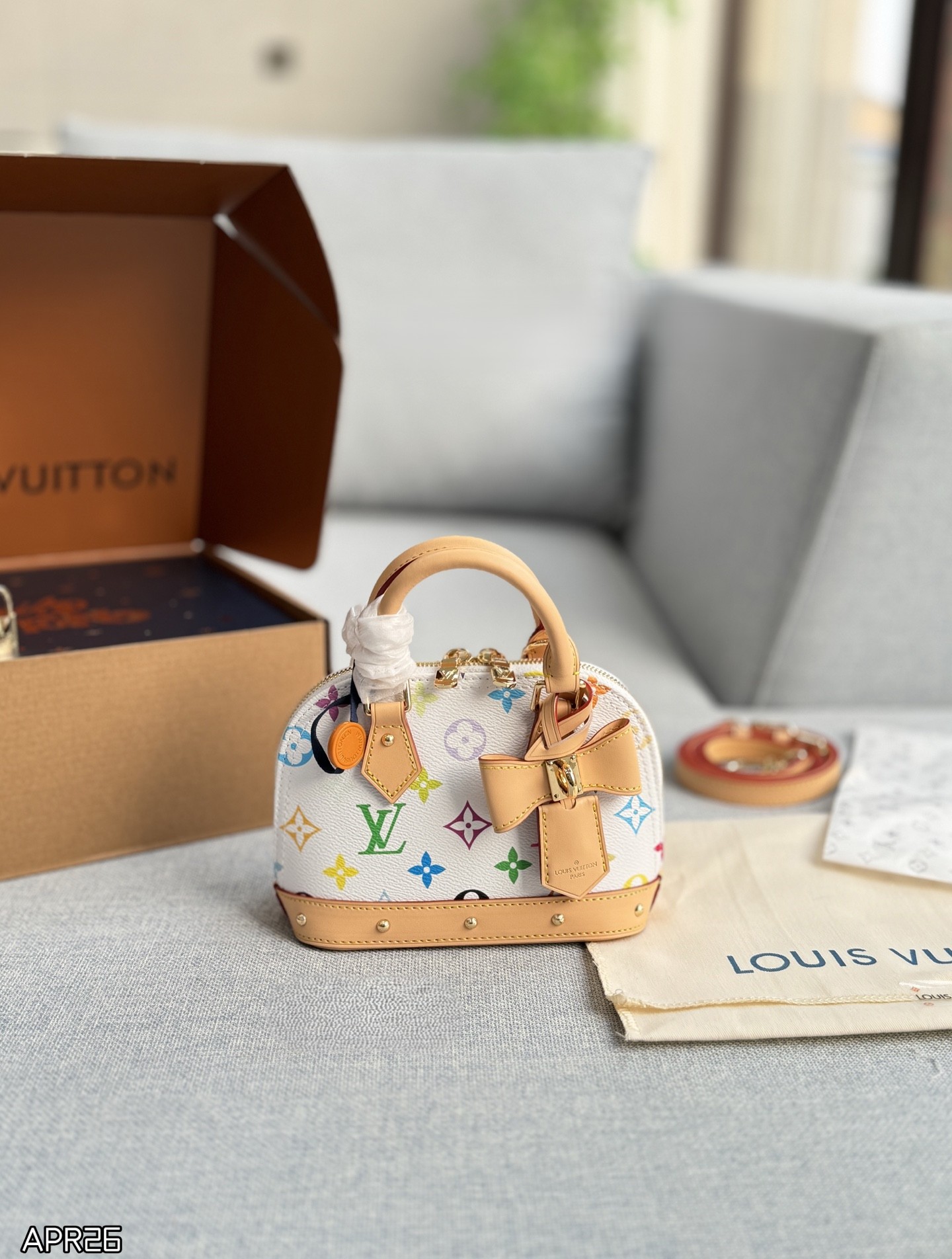 Louis Vuitton x Takashi Murakami Alma BB/Nano Monogram Multicolor White Bow Dome Shape Top Handle Bag - KAIROO