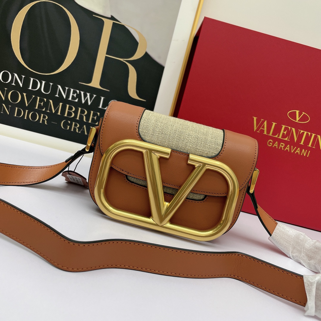 Valentino Mini& Small Oversized VLogo Signature Tan Leather Beige Canvas Maxi Gold Hardware Flap Shoulder Bag - KAIROO