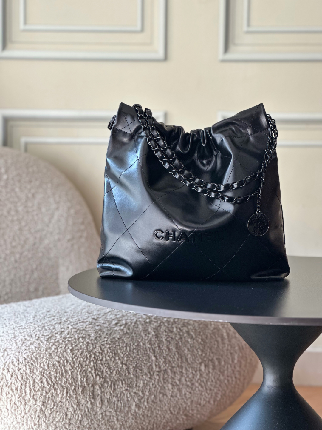 Chanel 22 Small Handbag in Black Shiny Calfskin AS3260