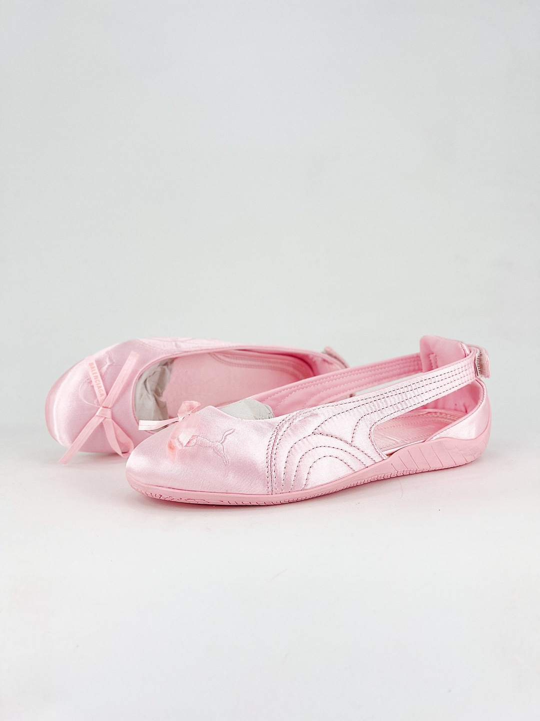 Balenciaga x Puma Pink Speedcat Round Toe Distressed Satin Bow Elasticated Hook Ballet Flats - KAIROO