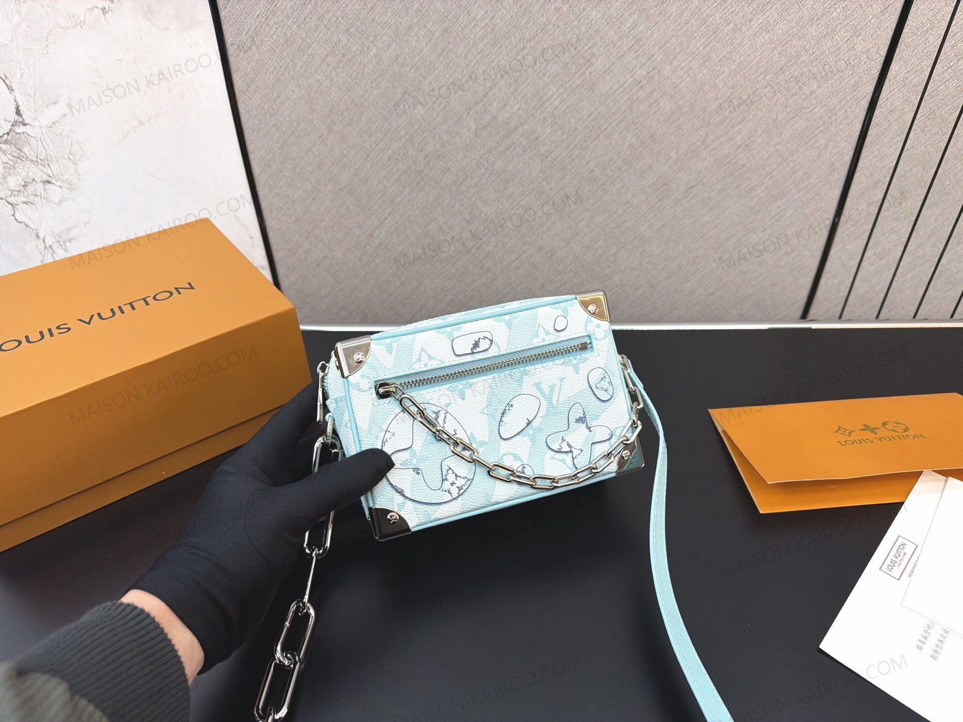 Louis Vuitton LV Mini Soft Trunk Pastel Light Blue Comics Monogram Canvas Silver Chain Crossbody Bag - KAIROO