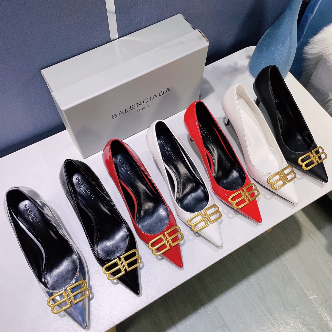 Balenciaga BB Knife Pointed Toe Gold BB Hardware Leather Heels - KAIROO