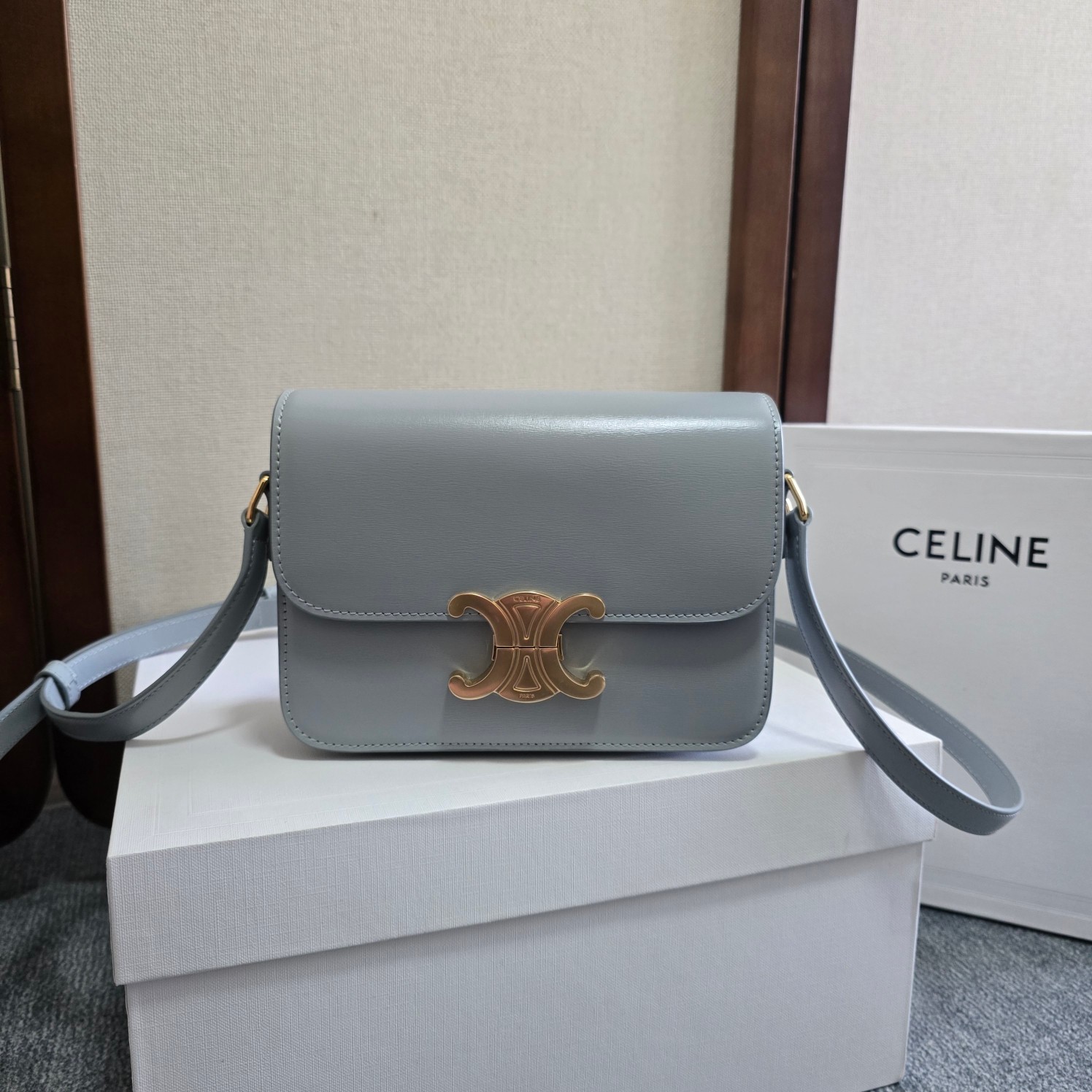 Celine Teen Triomphe Bag in Shiny Calfskin-Pale blue