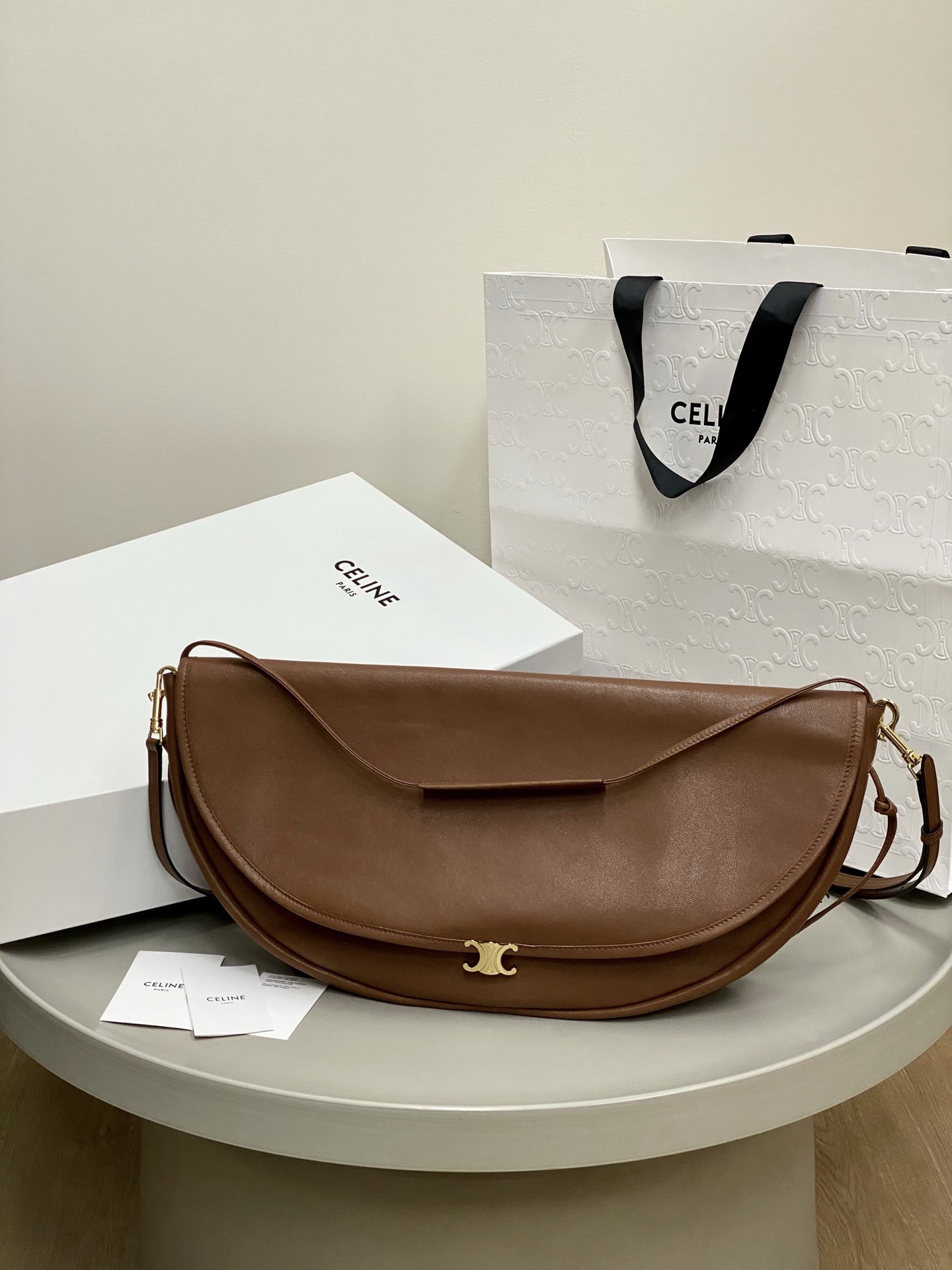 Celine Large Halfmoon Soft Triomphe Bag in Supple Lambskin-Brown