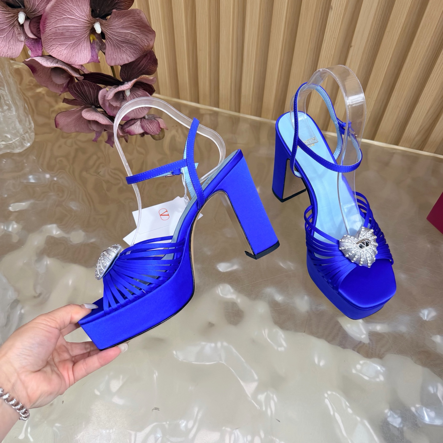 Valentino Garavani Blue VLogo Crystal Brooch Satin Multi Straps Platform Square Toe Chunky Heel Sandals - KAIROO