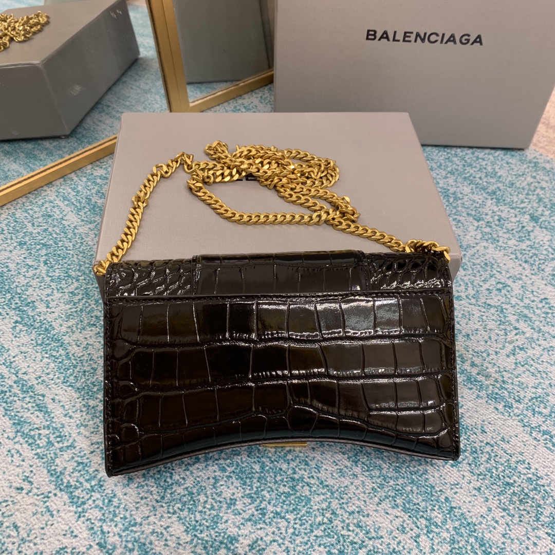 𝐁alenciaga Hourglass Wallet on Chain in black crocodile embossed calfskin