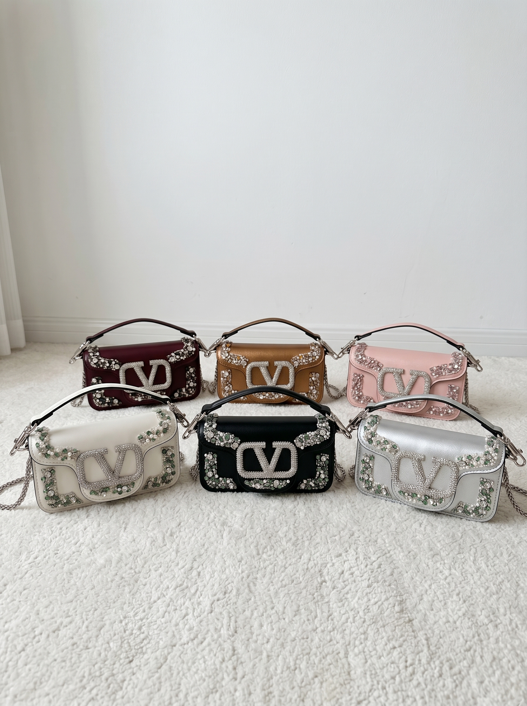 Valentino Locò Jewel Small Leather Crystal Pearl Bead-Embroidered VLogo Flap Chain Horizontal Shoulder Bag - KAIROO