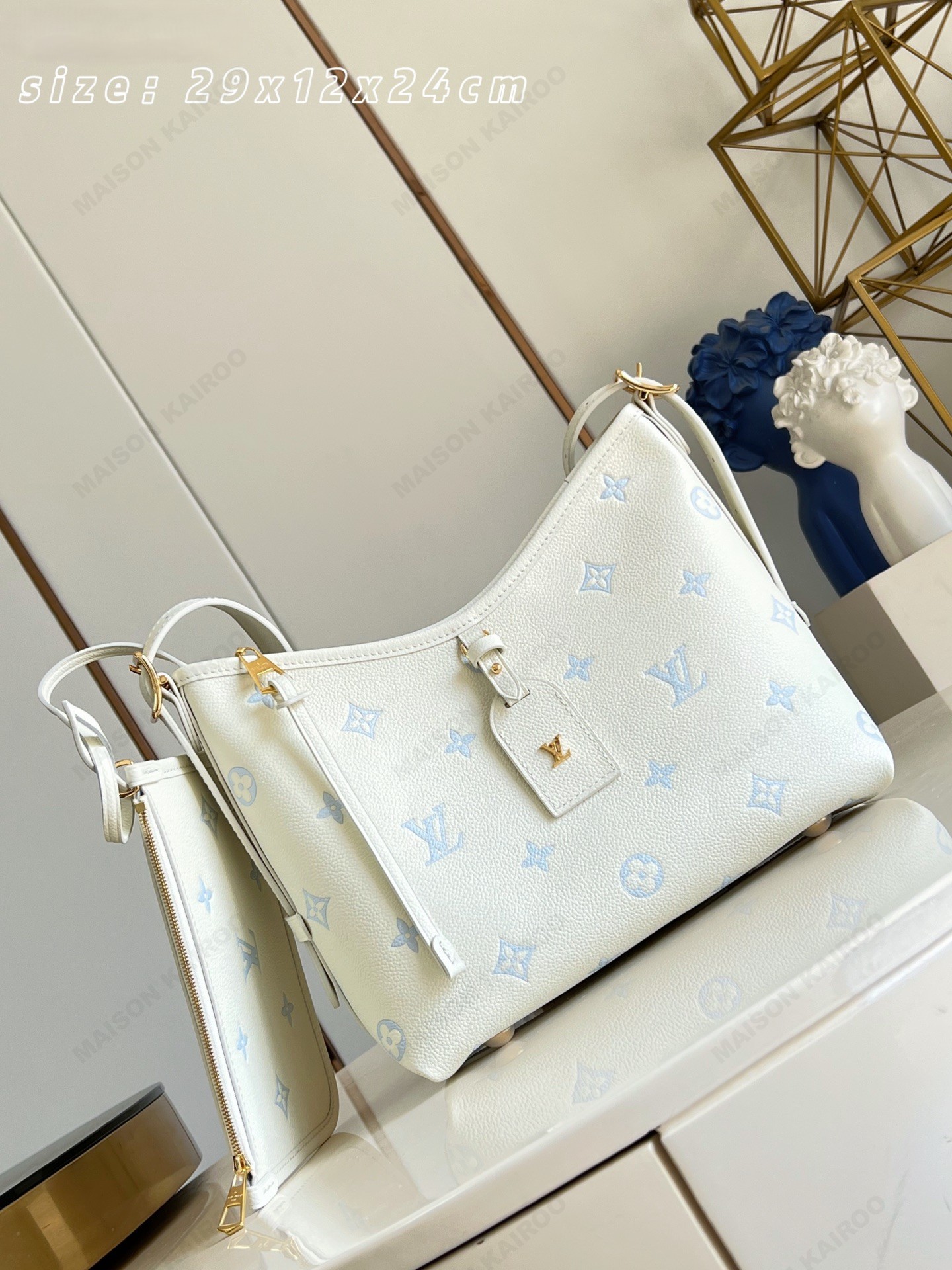 【15A】Louis Vuitton LV Carryall PM Cream Blue Dense Monogram Empreinte Leather Hobo Tote Shoulder Bag - KAIROO