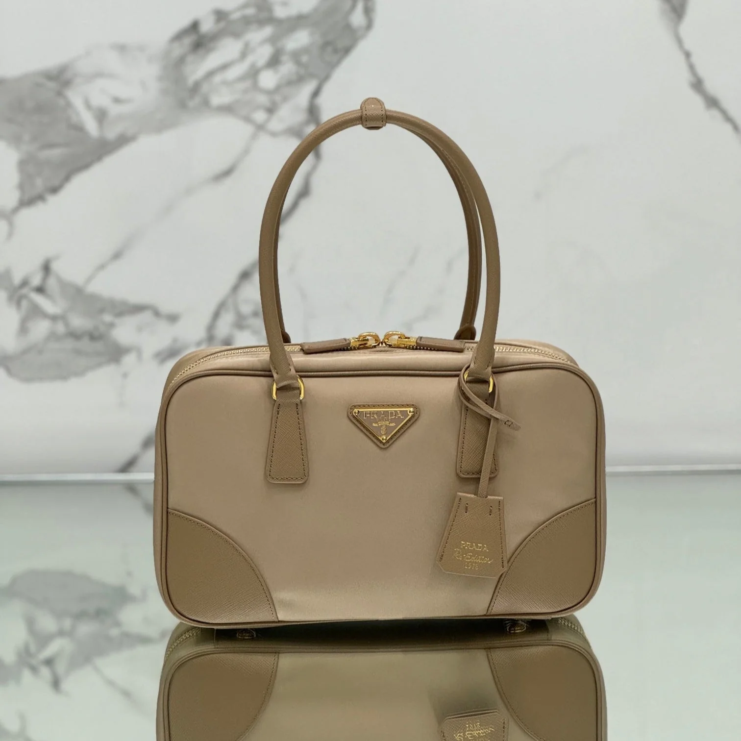 Prada LARGE TOP HANDLE BAG 35 IN DRIED MOSS NYLON AND CALFSKIN TRIM