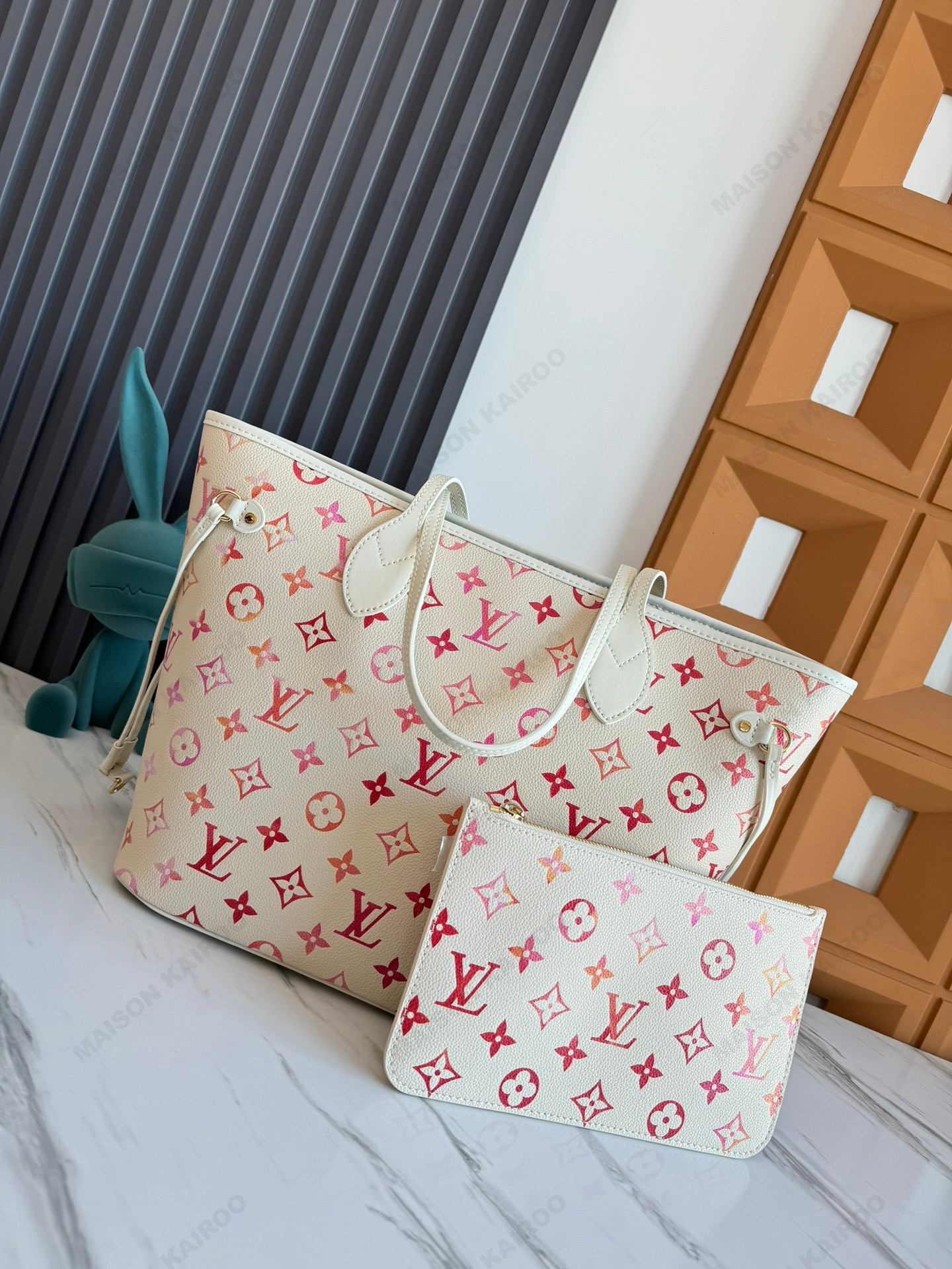 Louis Vuitton LV Neverfull MM Beige Red Gradient Dense Monogram Empreinte Leather Tote Bag - KAIROO