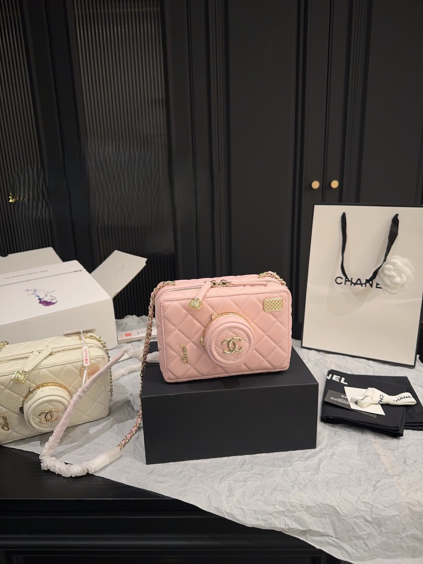 Chanel 24S Quilted Shiny Leather 3D Flip Mirror Lens Chain Strap Camera Box Shoulder Bag - KAIROO