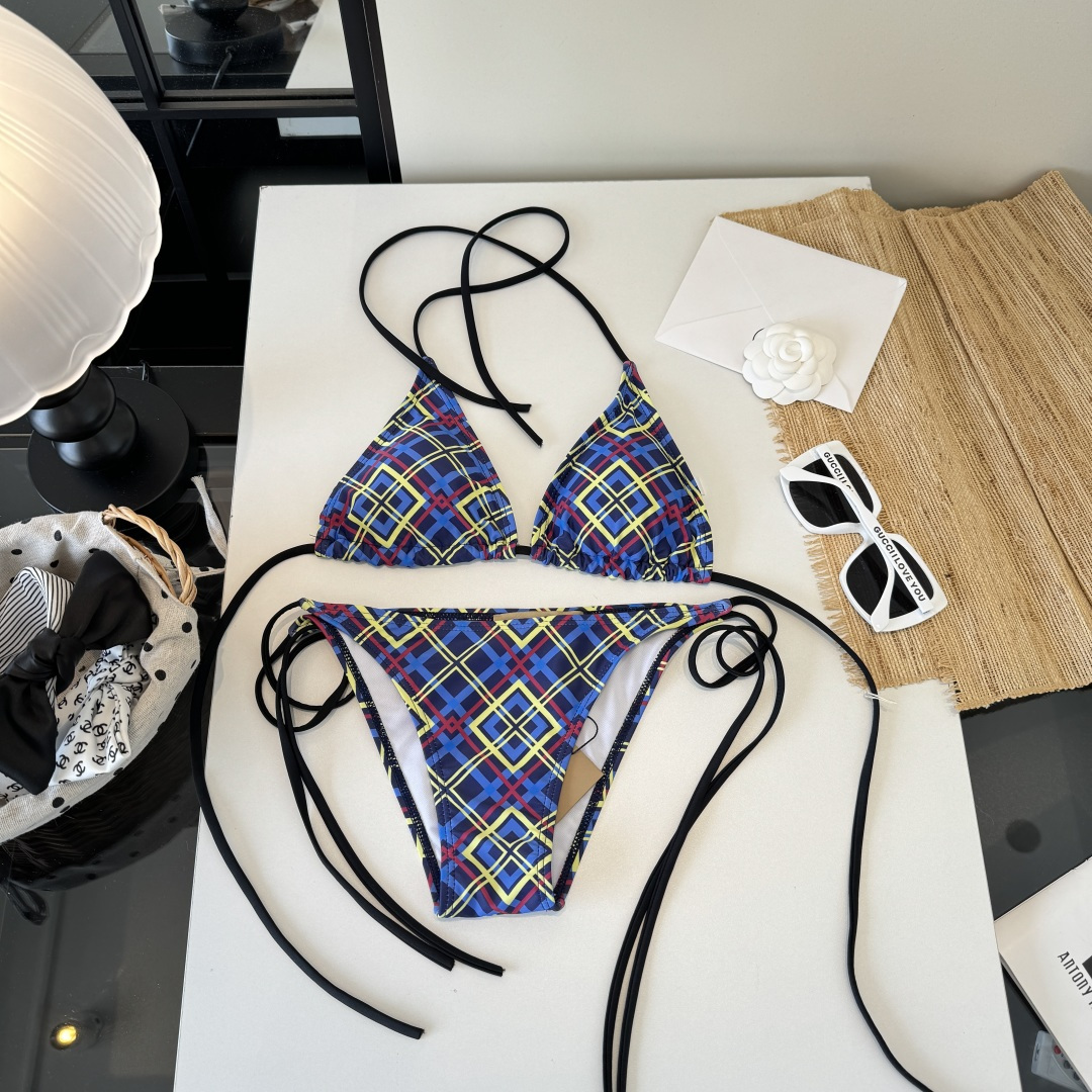 Burberry Blue Contrast Check Print Tie Strap Triangle Bikini Two-Piece Swimsuit - KAIROO
