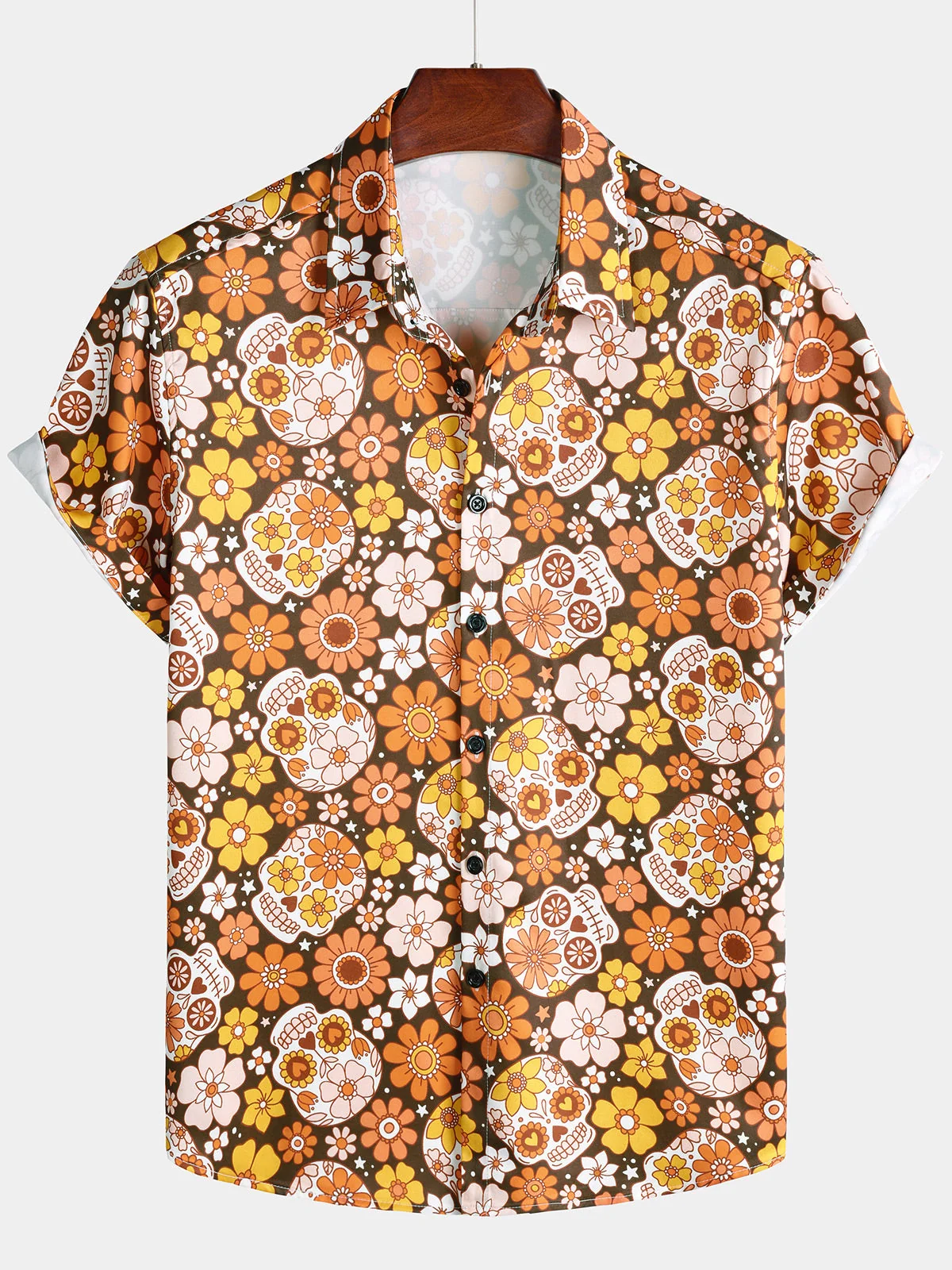 Men's Sugar Skull Daisy Vacation Print Short Sleeve Shirt