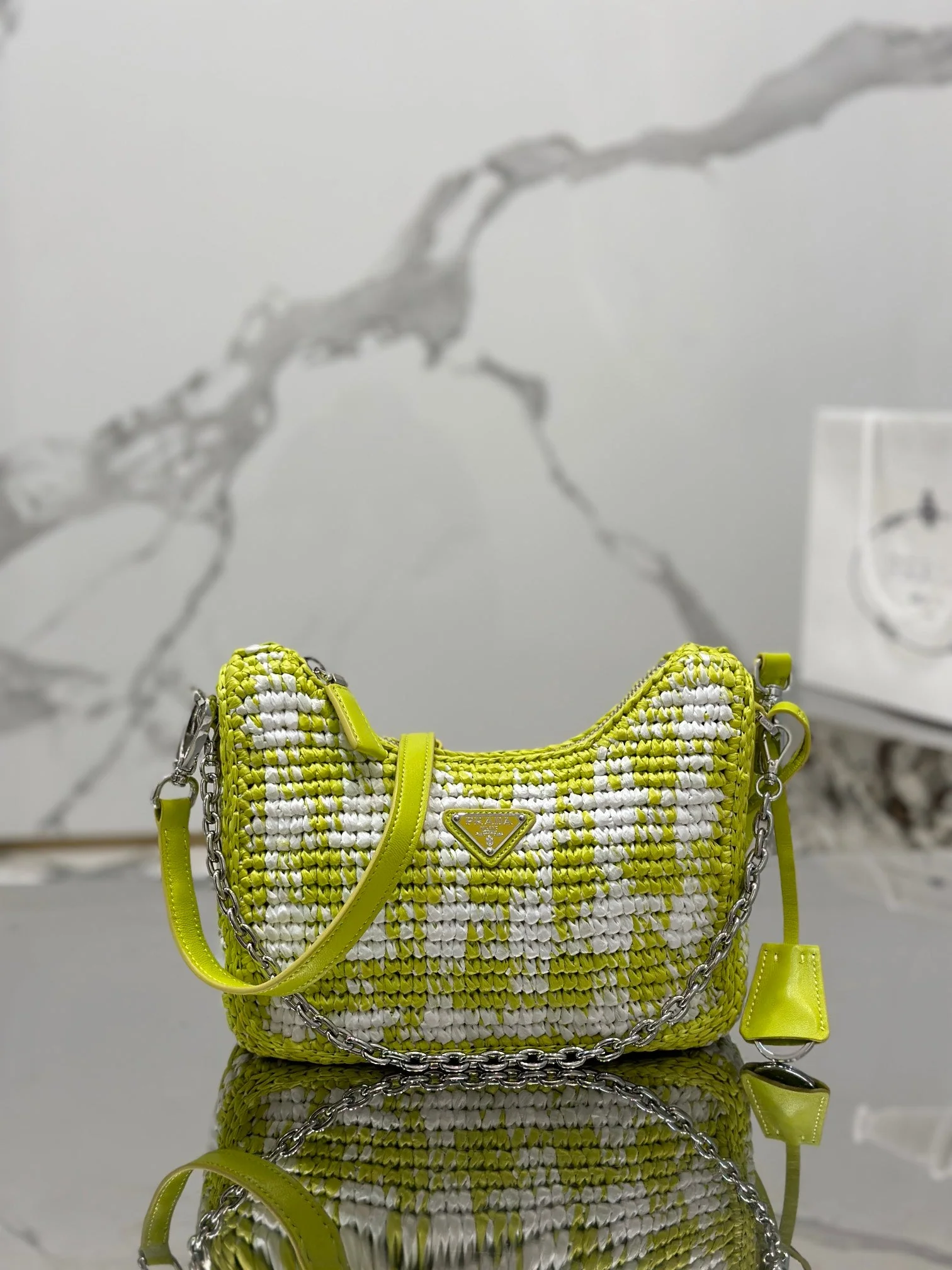 Prada CROCHET HOBO BAG 22 IN VOLT GREEN MIX WHITE RAFFIA SILVER HARDWARE