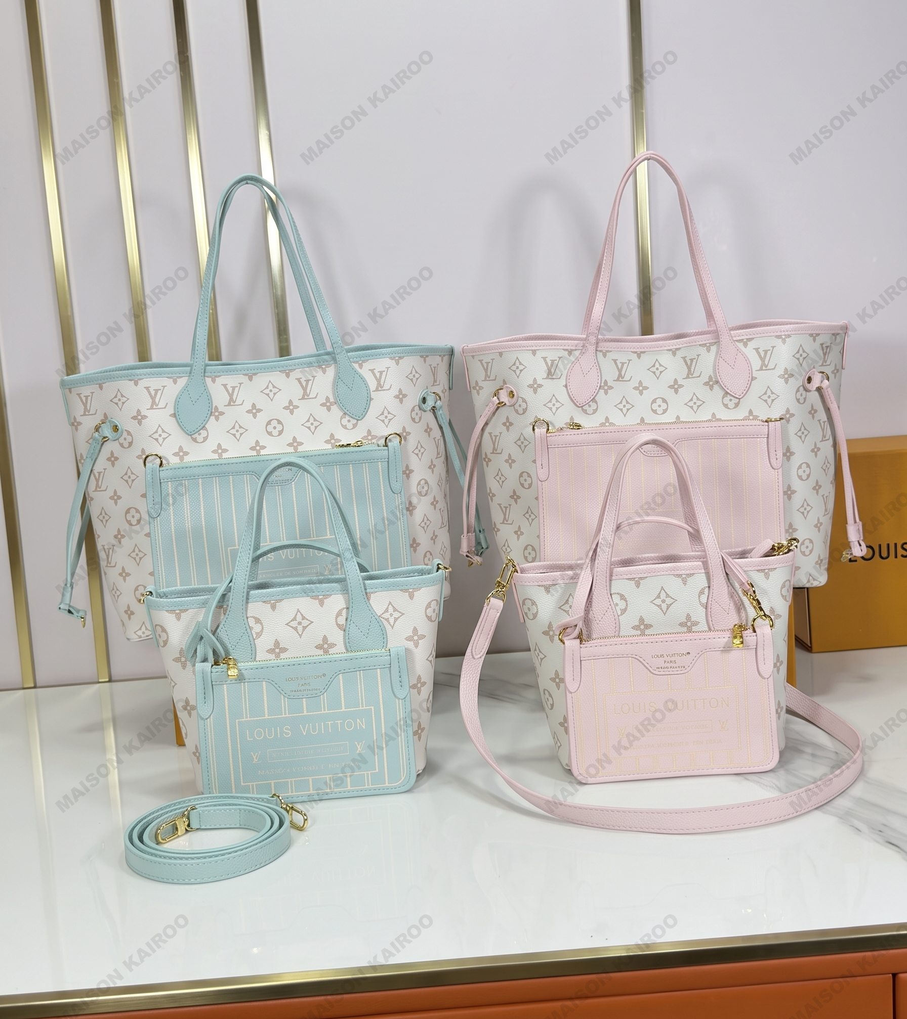 Louis Vuitton LV Neverfull Inside Out BB&MM Pastel Cream Base Monogram Canvas Reversible Tote Bag - KAIROO