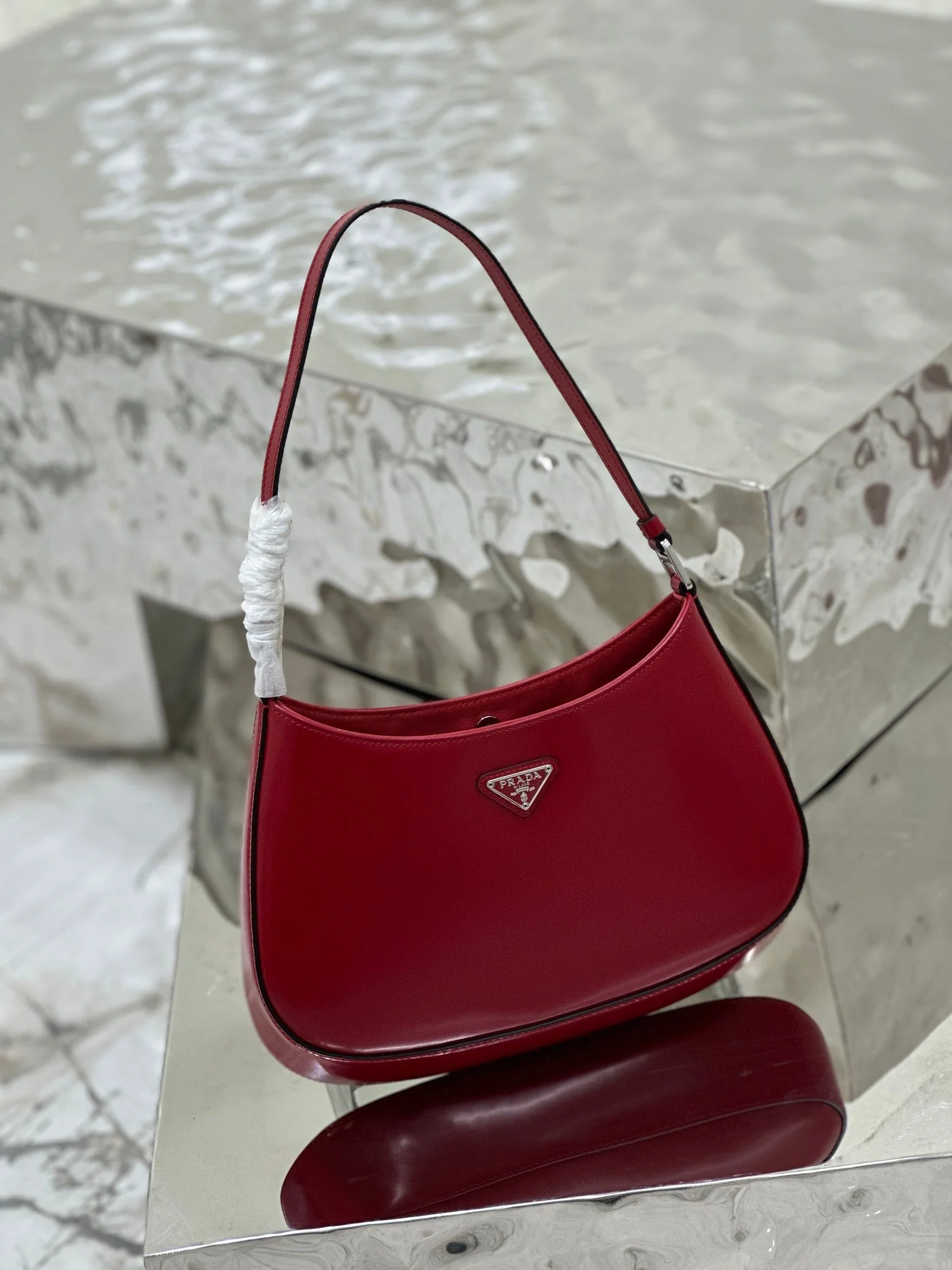 Prada CLEO 27 DARK RED BRUSHED LEATHER SHOULDER BAG