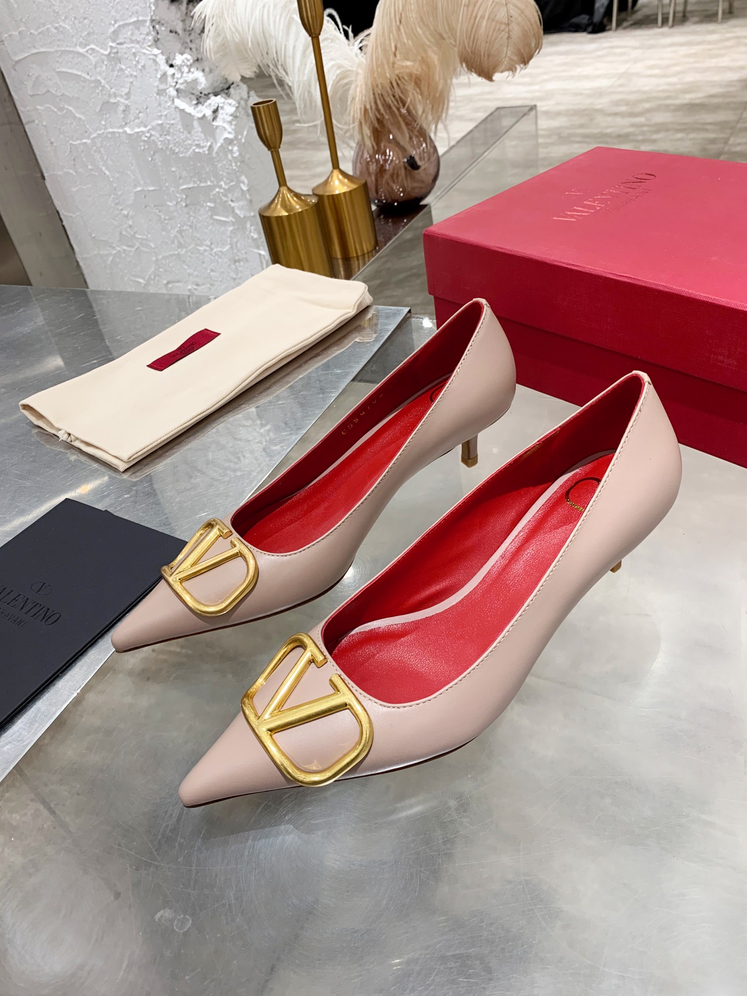 Valentino Garavani Poudre Pointed Toe Gold VLogo Red Leather Lining Kitten Heels - KAIROO
