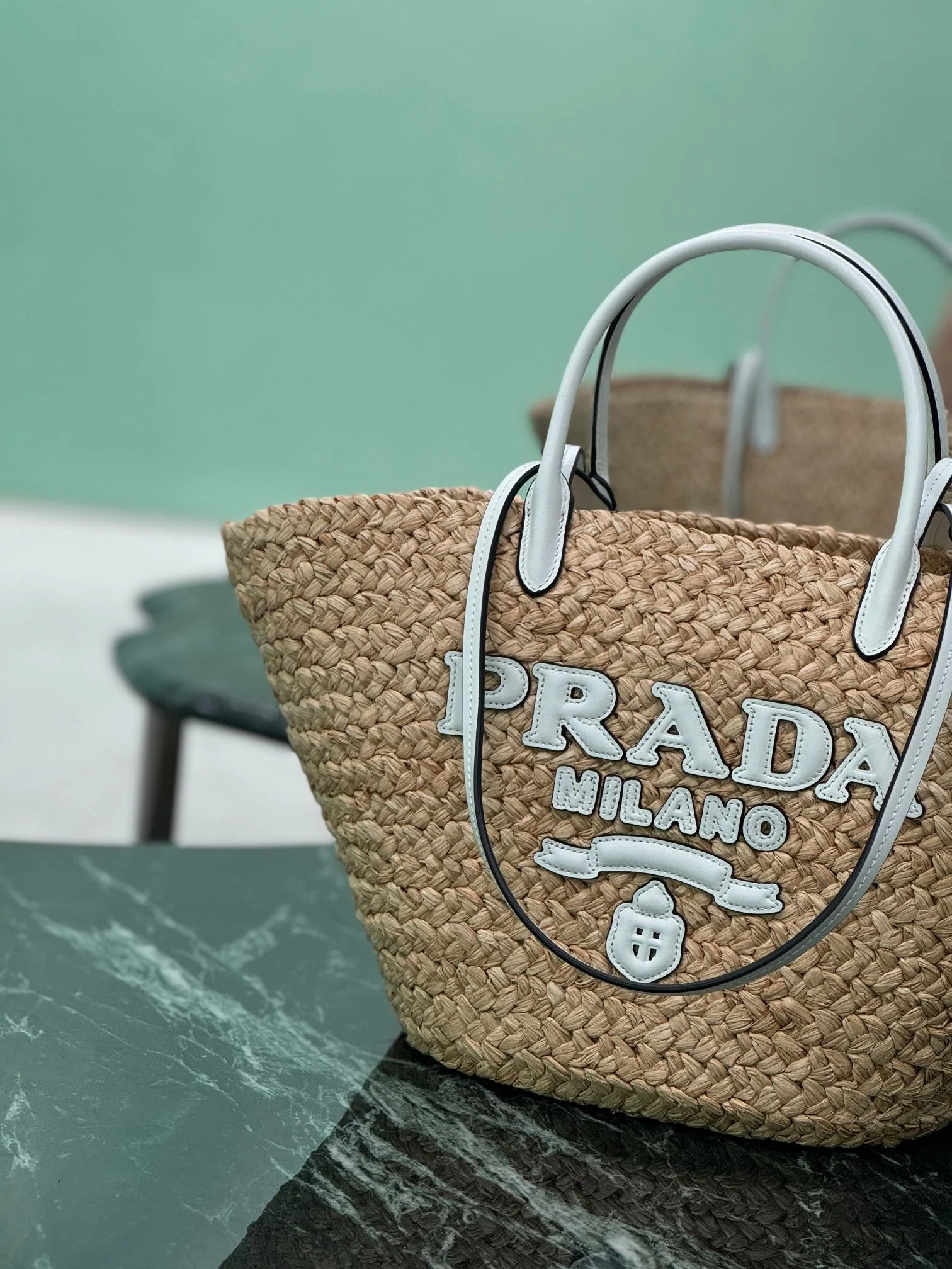 Prada LARGE TOTE BAG 56 IN BEIGE RAFFIA GRASS AND WHITE CALFSKIN TRIM